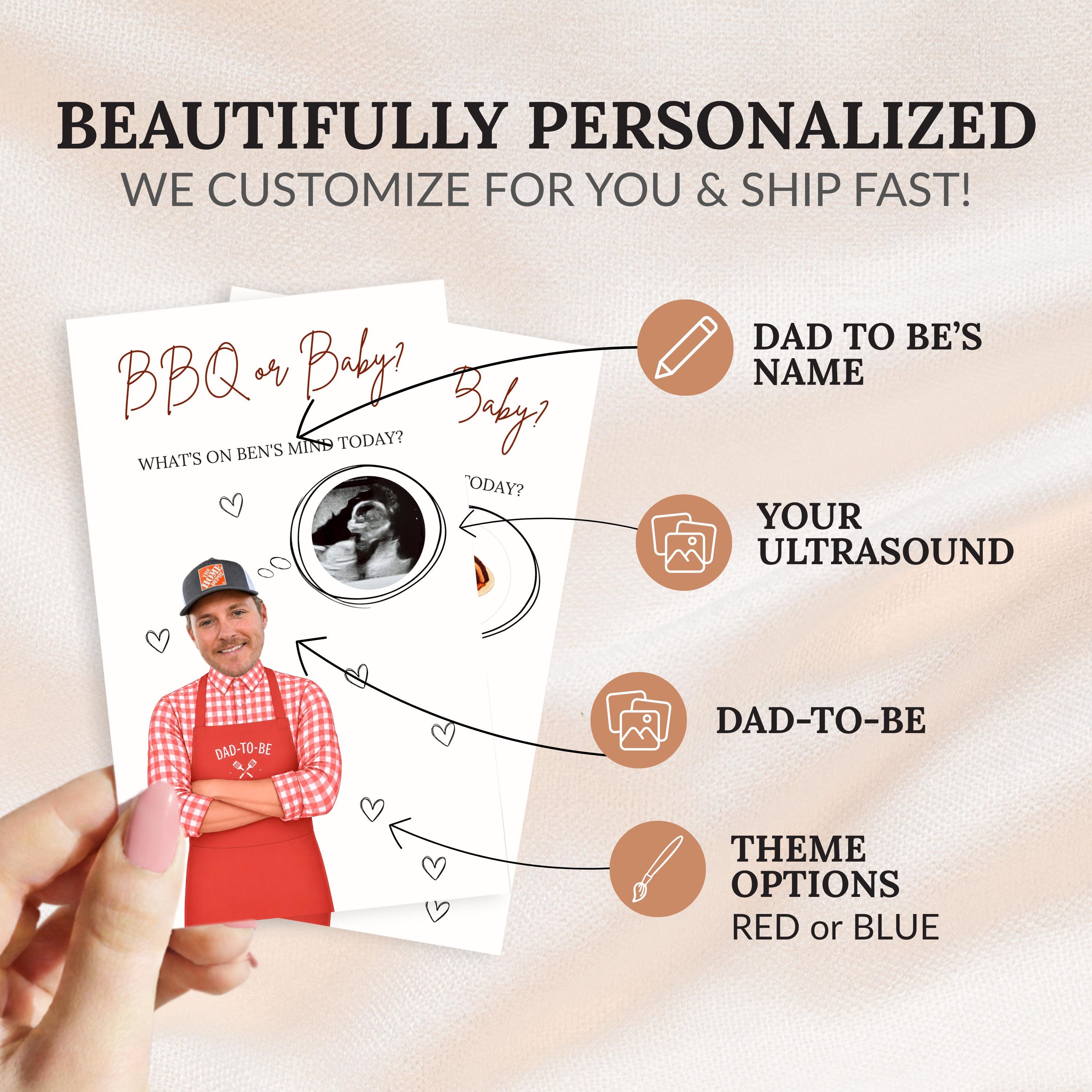 a hand holding a personalized BBQ or baby announcement card. The card includes a photo of a man wearing a red and white checkered apron, along with various icons representing different elements of the announcement, such as the dad-to-be name, ultrasound, and theme options.