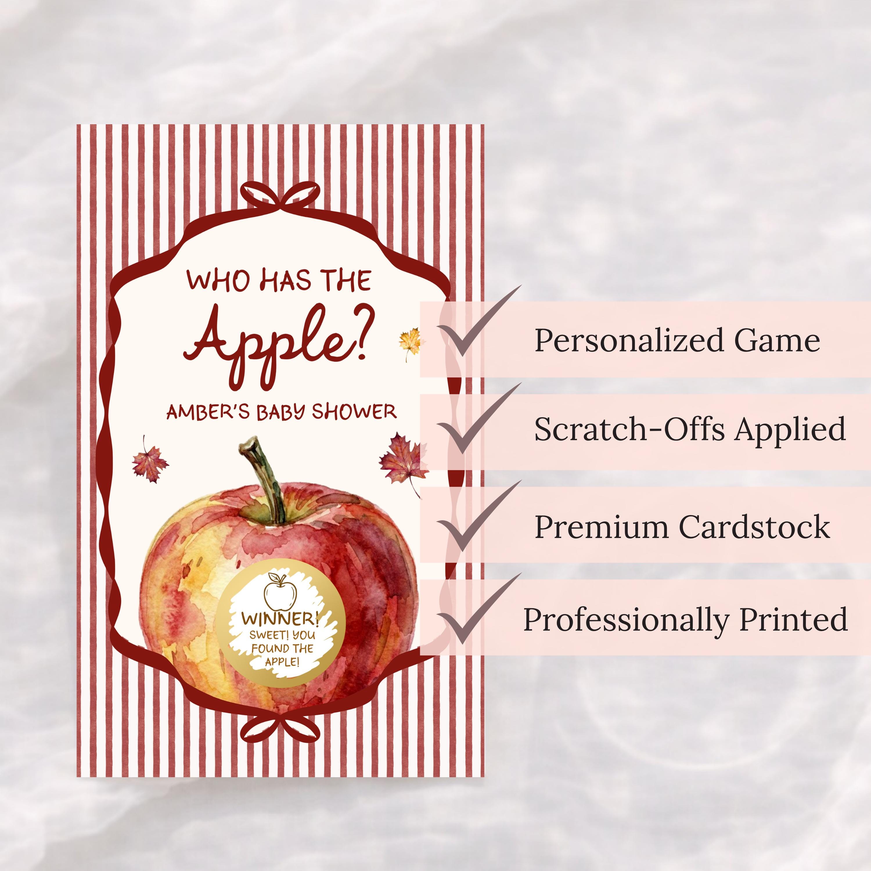 PRINTED + SHIPPED Apple of Our Eye Baby Shower Game, Personalized Apple Themed Baby Shower Scratch Off Game Who Has the Apple? Red Striped