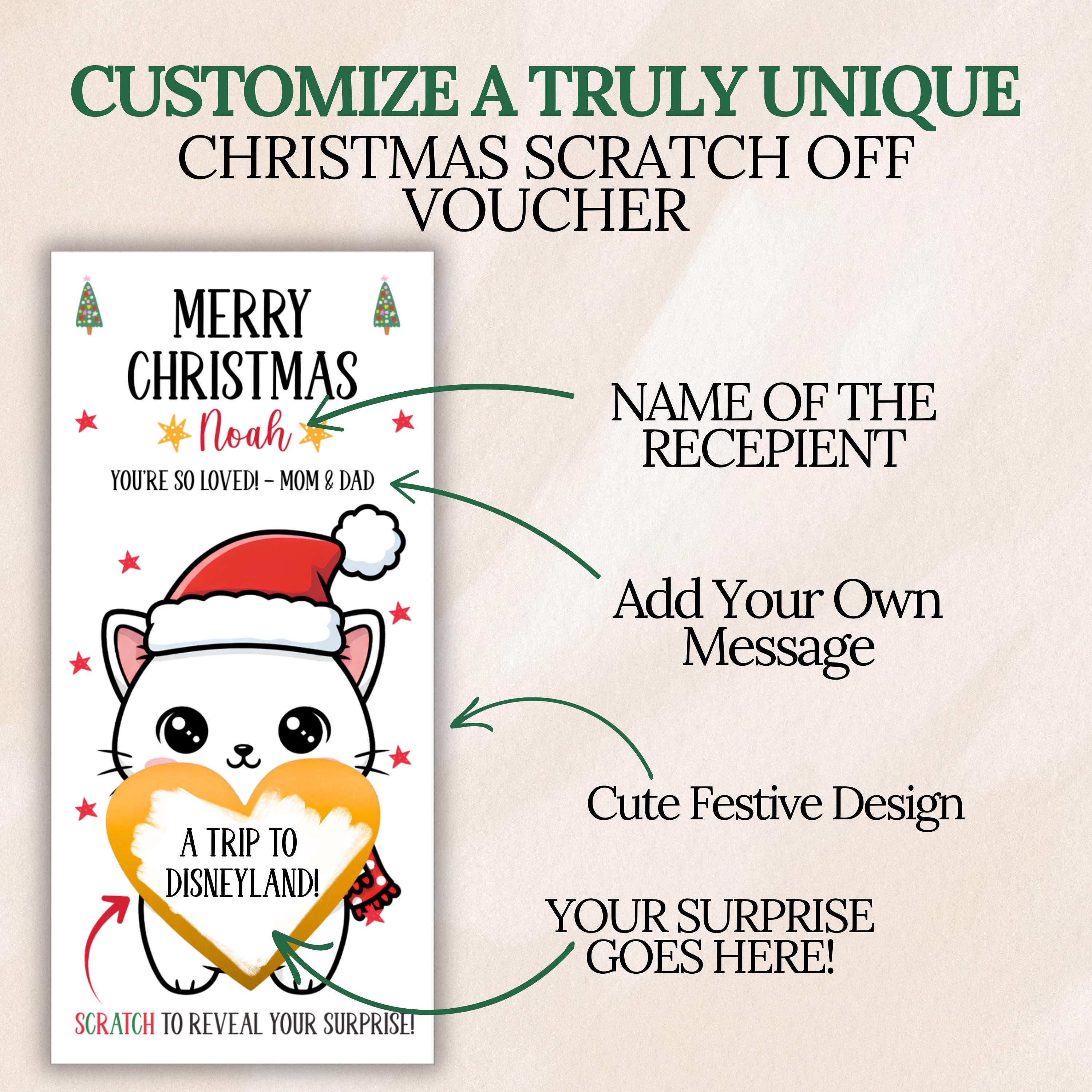 Personalized Merry Christmas Gift Voucher For Kids Christmas Scratch Off Surprise Reveal Holiday Theme Cat Christmas Surprise Trip