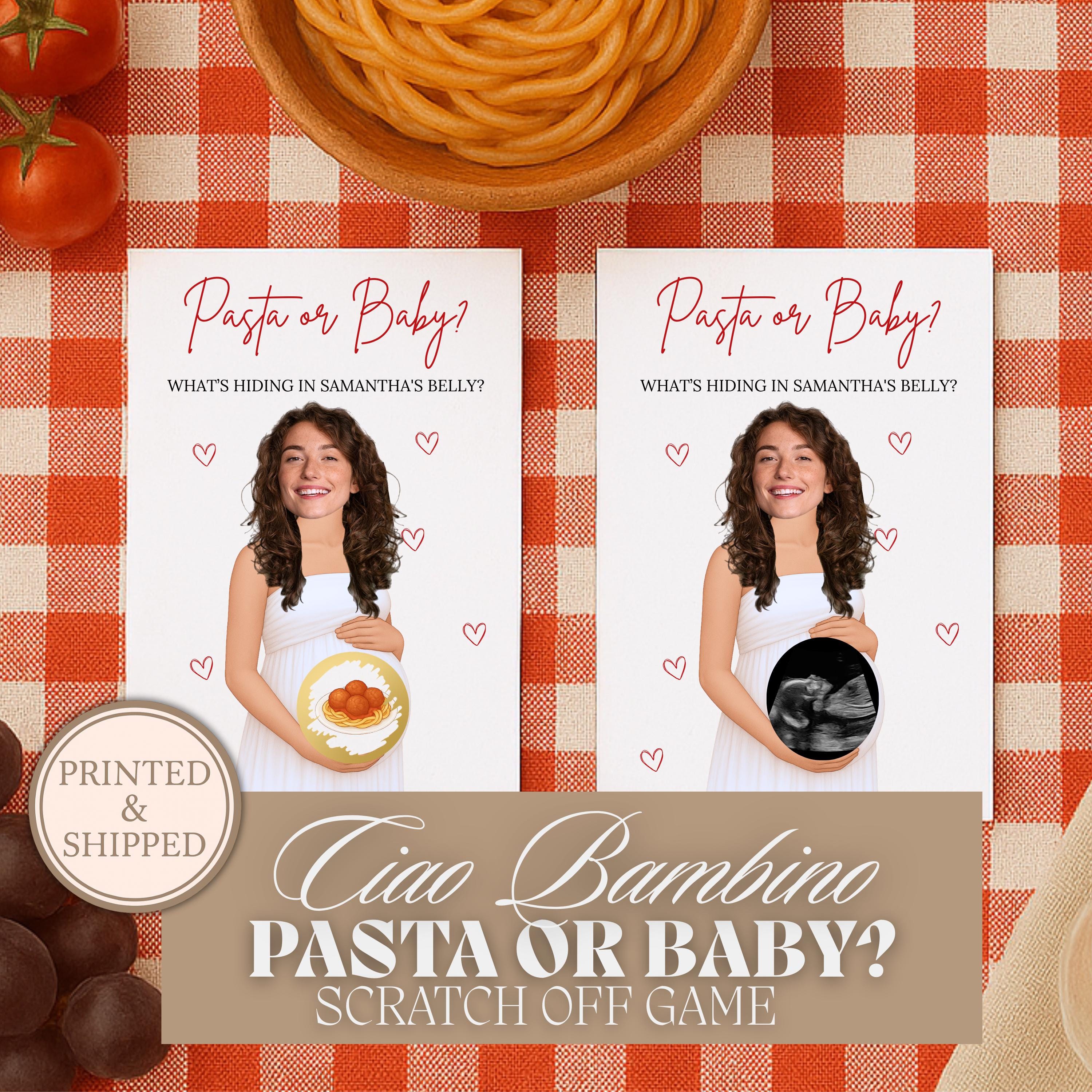 Personalized Italian Baby Shower Scratch Off Game Red Pasta or Baby?