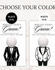 two black and white illustrations of a man's face, each with a tuxedo on, and the text "CHOOSE YOUR COLOR" above them.