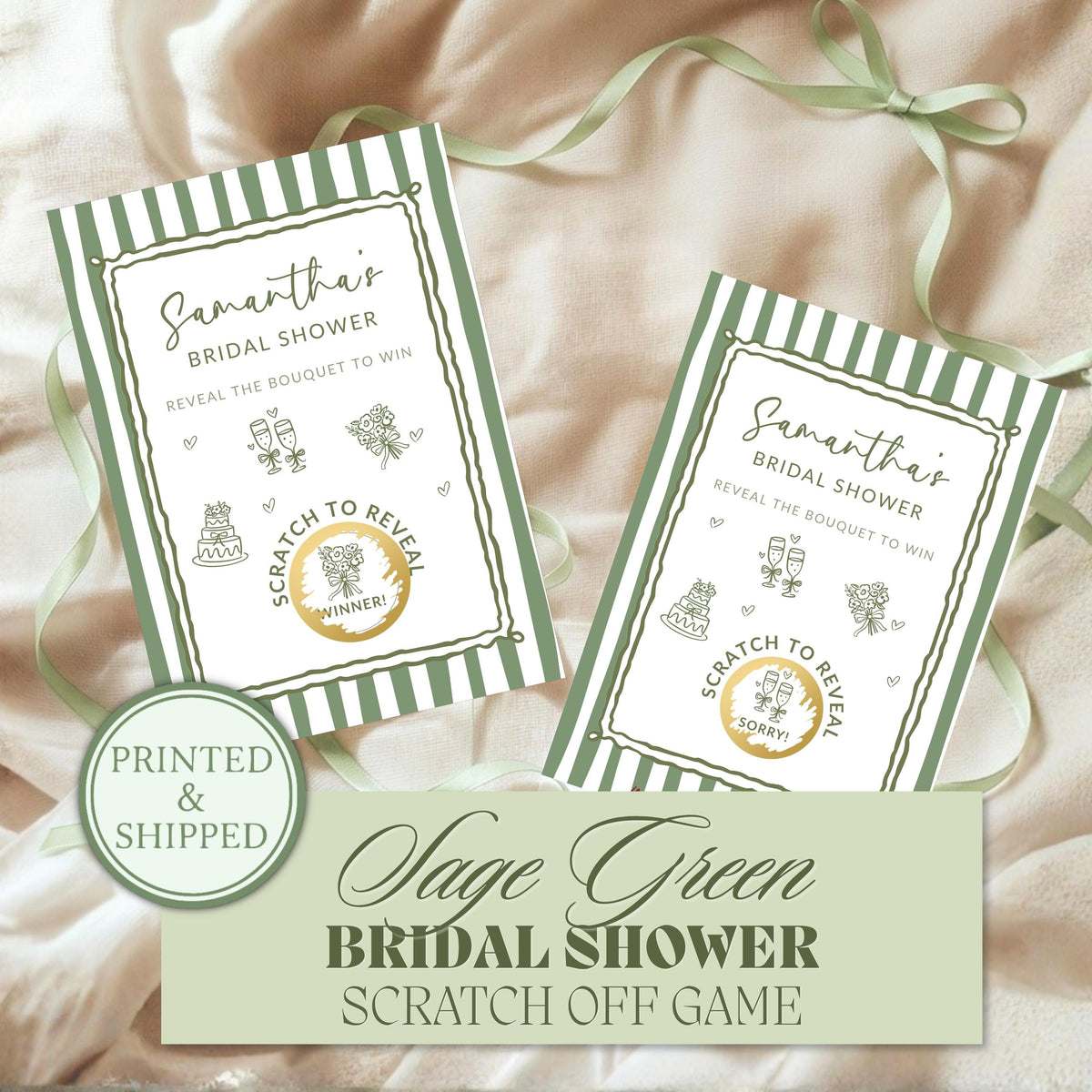 Sage Green Bridal Shower Game, Green Striped Bridal Shower Scratch Off Game Hand Drawn Doodles Wedding Shower Activity