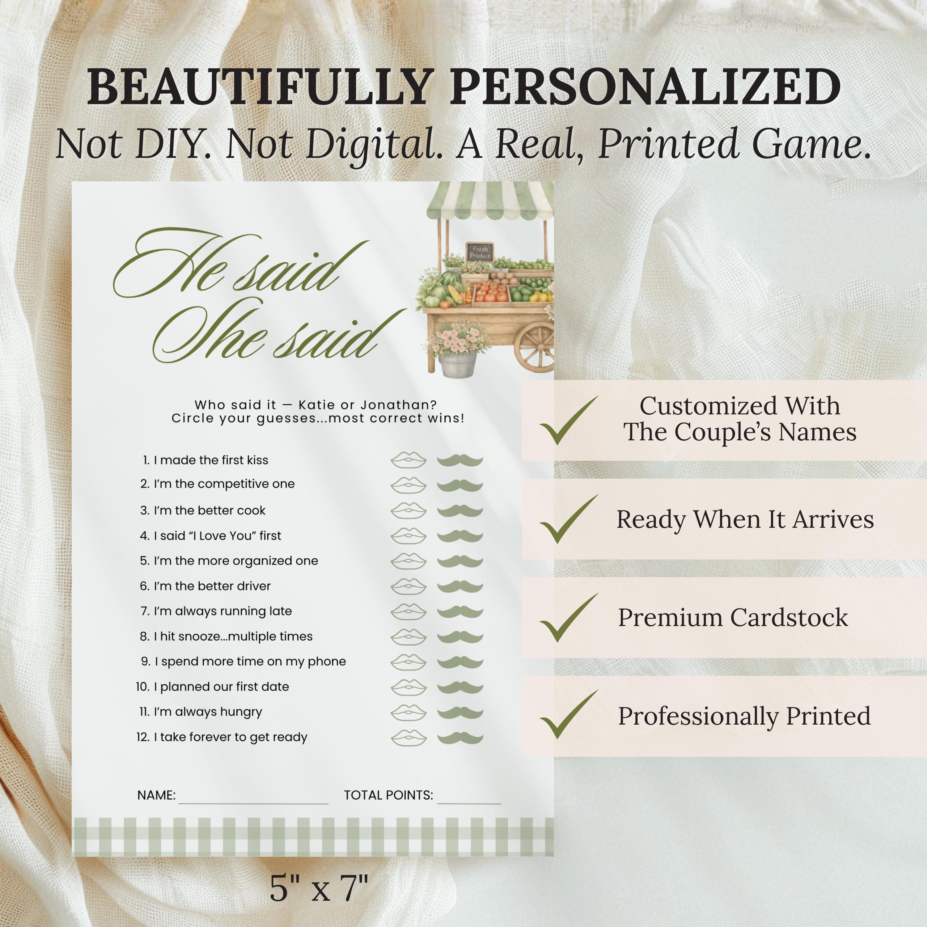 Personalized Shes Fresh Off The Market Game Bundle, Sage Green Guess The Dress, Would She Rather, He Said She Said, Find The Guest Bingo