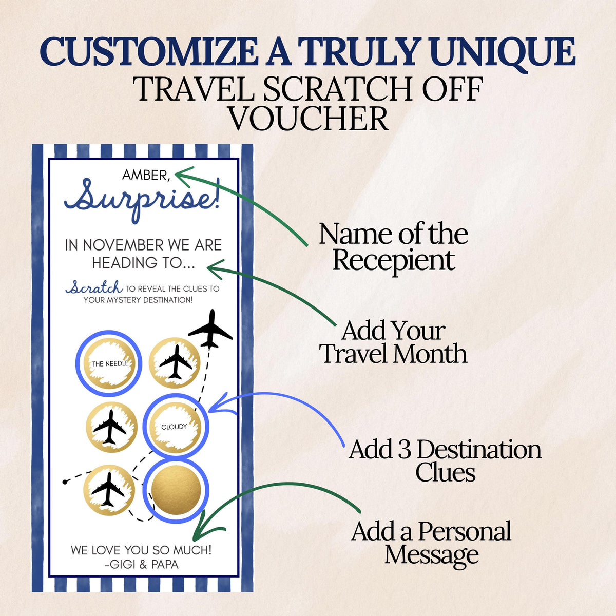 Personalized Travel Gift Voucher Scratch Off Ticket, Surprise Trip Vacation Reveal Experience, Scratch 6 for Destination Clues - CÔTIER BRAND