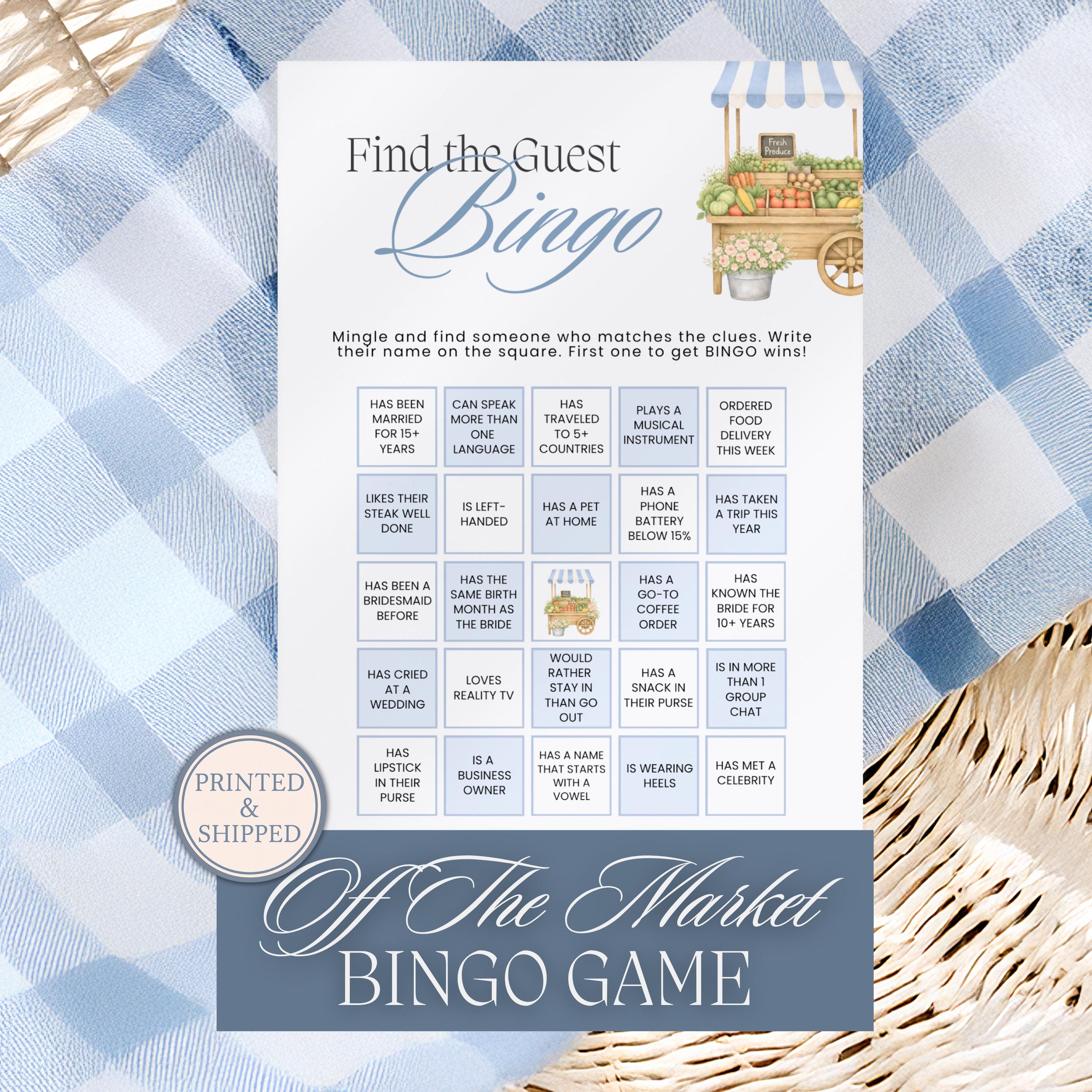 PRINTED + SHIPPED Blue Fresh Off The Market Bingo Game, Find The Guest Bingo Party Game, Boho Farmers Market Bridal Shower Bingo, Wedding