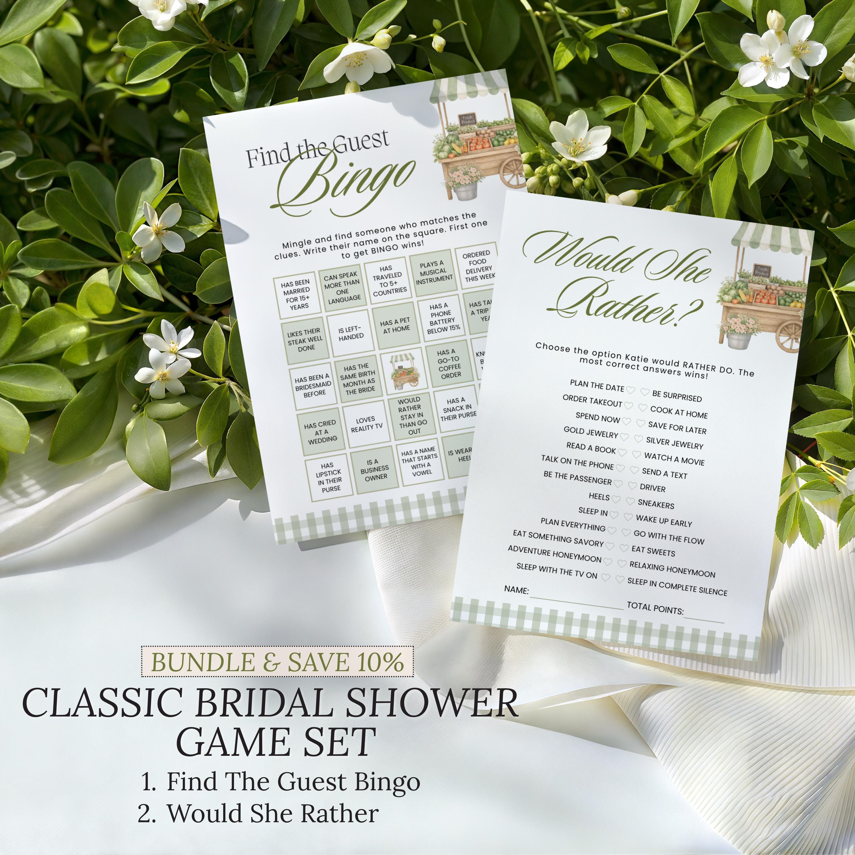 Personalized Shes Fresh Off The Market Game Bundle, Sage Green Guess The Dress, Would She Rather, He Said She Said, Find The Guest Bingo