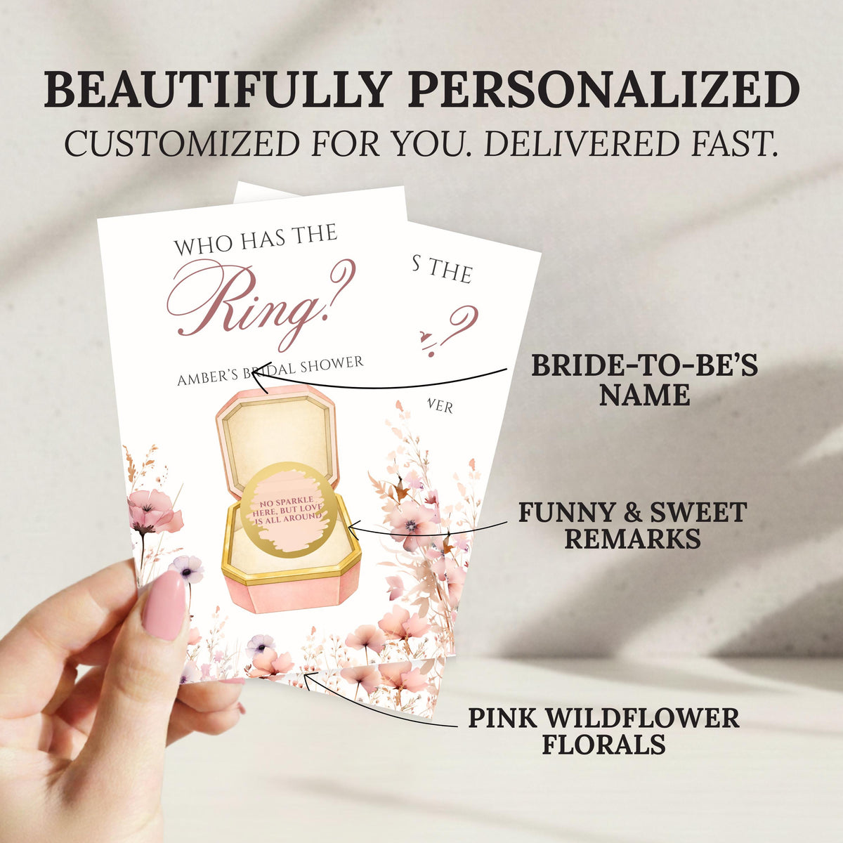 PRINTED + SHIPPED Pink Floral Bridal Shower Game, Pastel Watercolor Flower Bridal Shower Scratch Off Game, Love In Bloom Who Has The Ring - CÔTIER BRAND