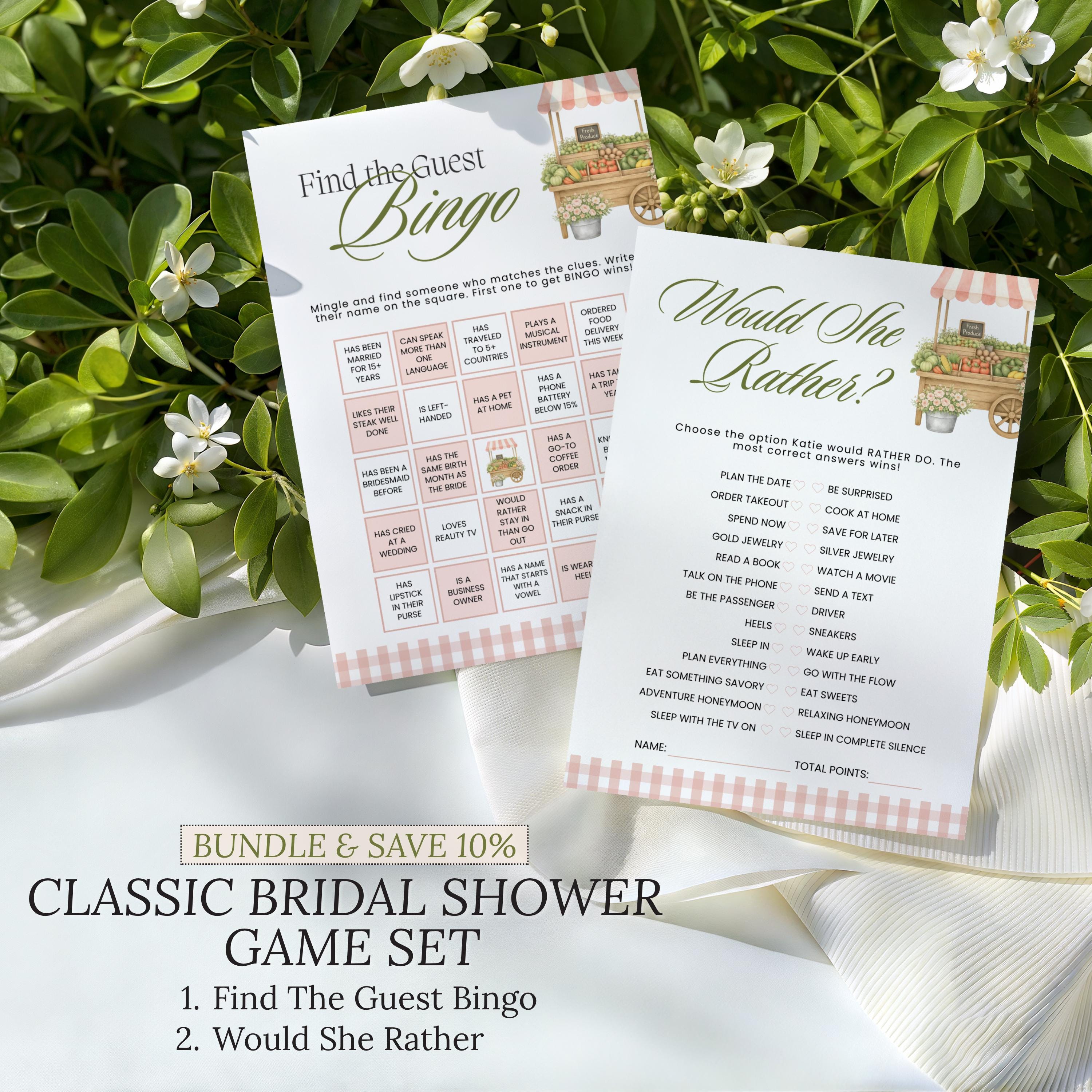 Custom Printed Fresh Off The Market Bridal Shower Game Bundle, Blush Pink Guess The Dress, Would She Rather, He Said She Said, Guest Bingo