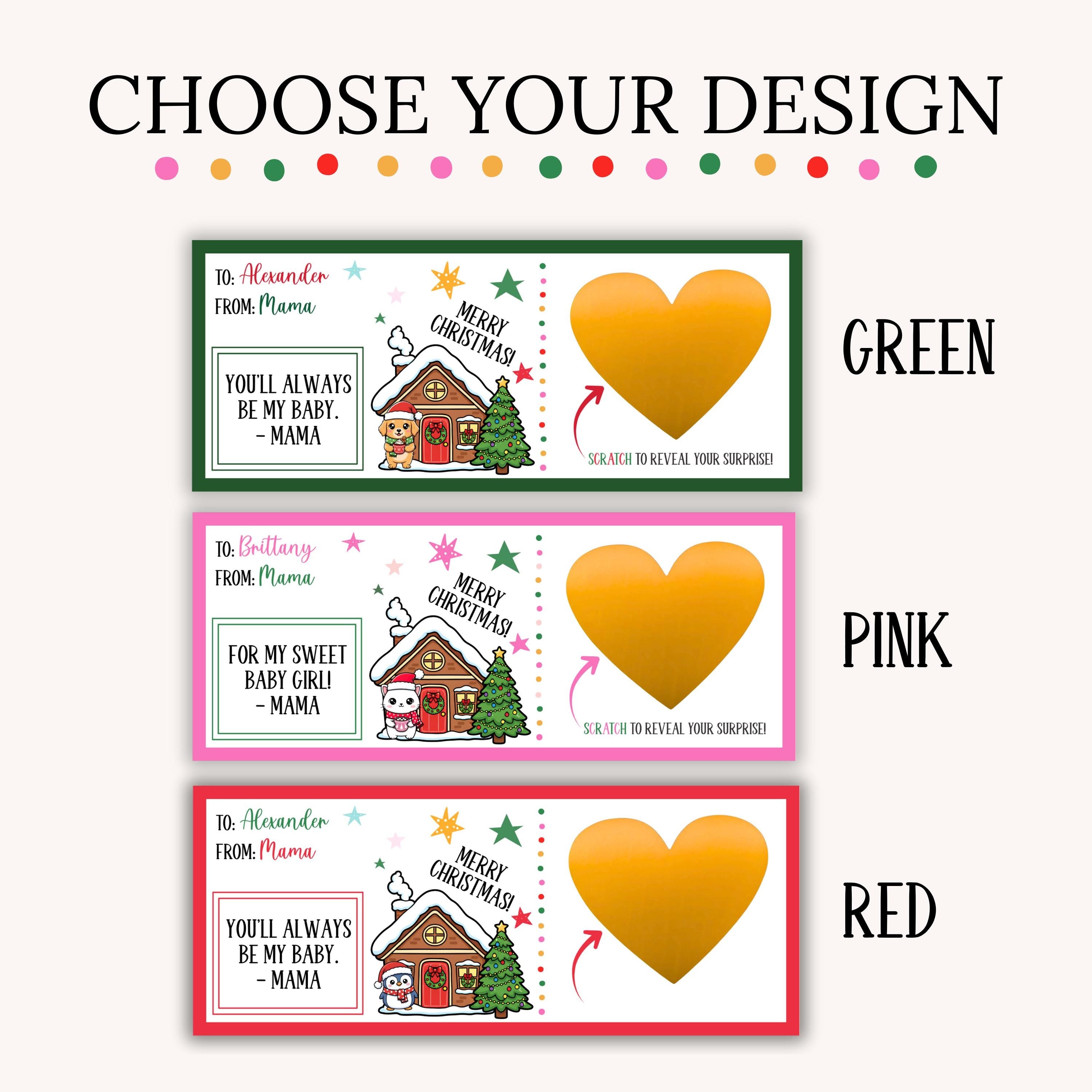 Personalized Pink Christmas Scratch Off Voucher Christmas Trip Reveal Scratch Ticket for Wife Girl Custom Xmas Voucher Ticket With Envelope