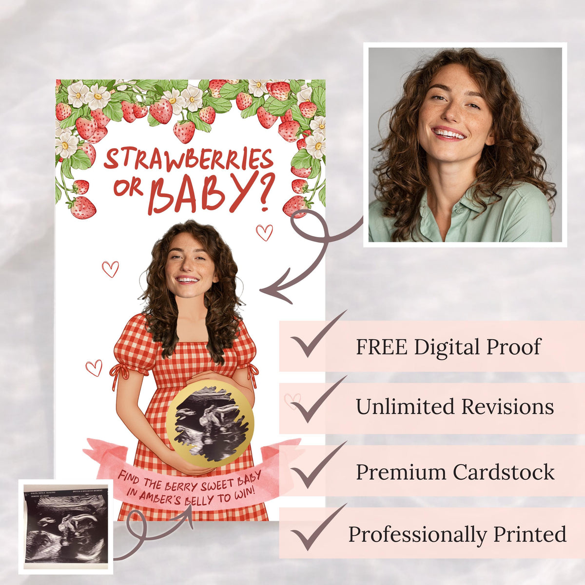 PRINTED + SHIPPED Custom Strawberry Themed Baby Shower Game Berry Sweet Baby Shower Theme Strawberries or Baby Boho Red Gingham - CÔTIER BRAND