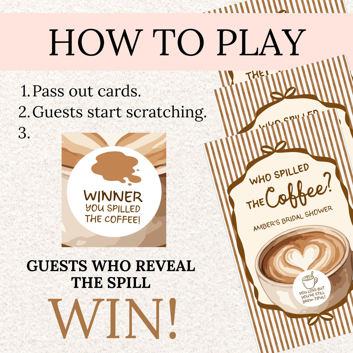 The image is a promotional poster for a coffee-themed game called "Who Spilled the Coffee?" The poster provides instructions for the game, including passing out cards, guests starting to scratch, and the winner being revealed.