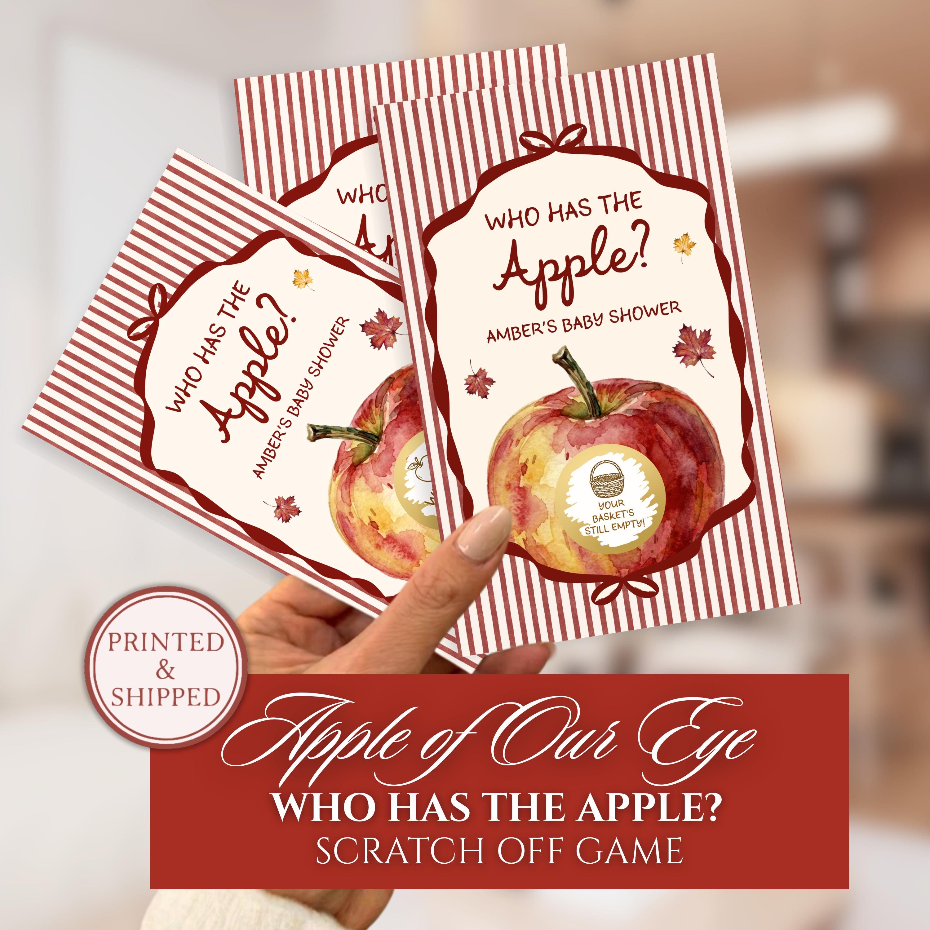 PRINTED + SHIPPED Apple of Our Eye Baby Shower Game, Personalized Apple Themed Baby Shower Scratch Off Game Who Has the Apple? Red Striped