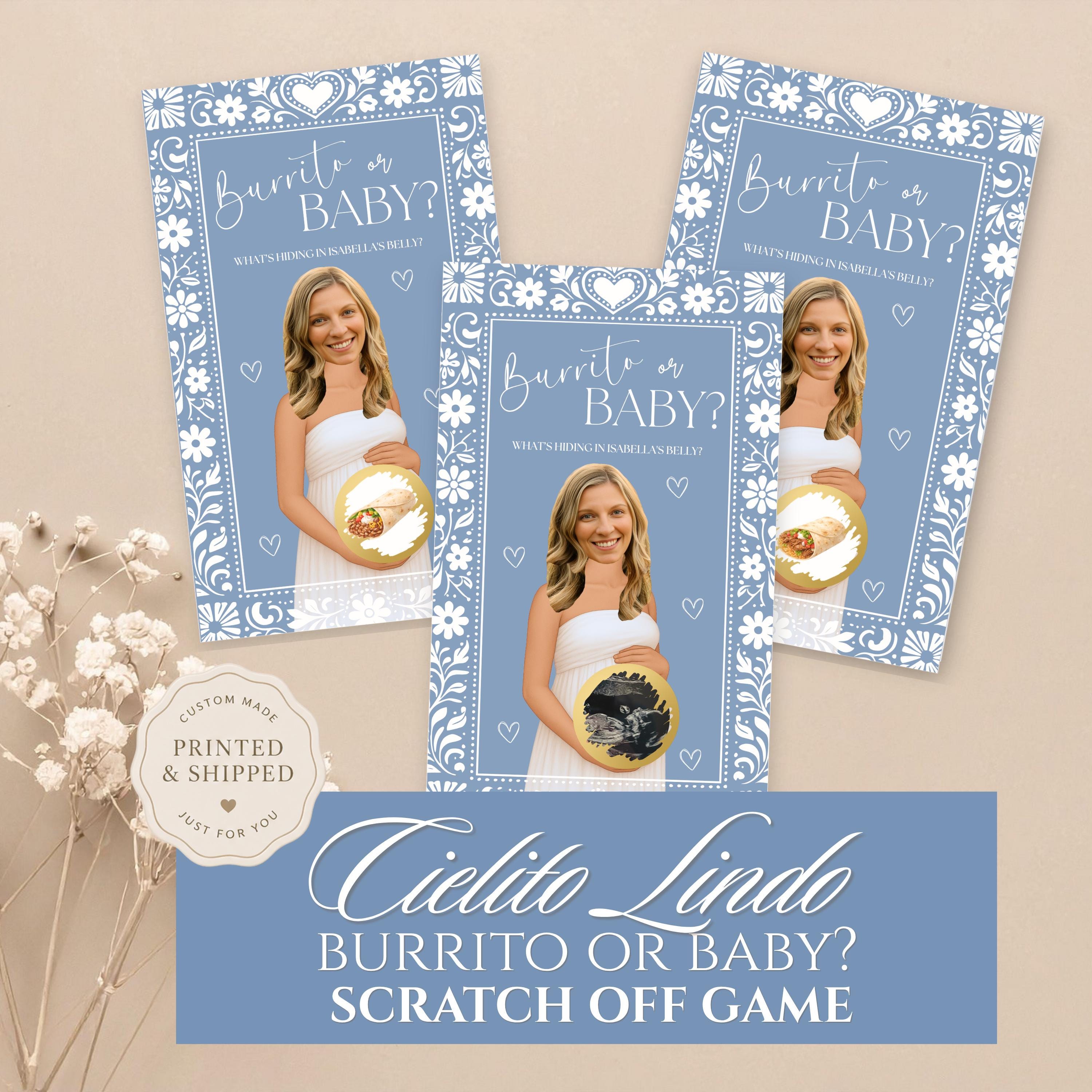Custom Cielito Lindo Baby Shower Boy Scratch Off Game Burrito or Baby? Papel Picado Mexican Baby Shower Game Blue Talavera Party Game