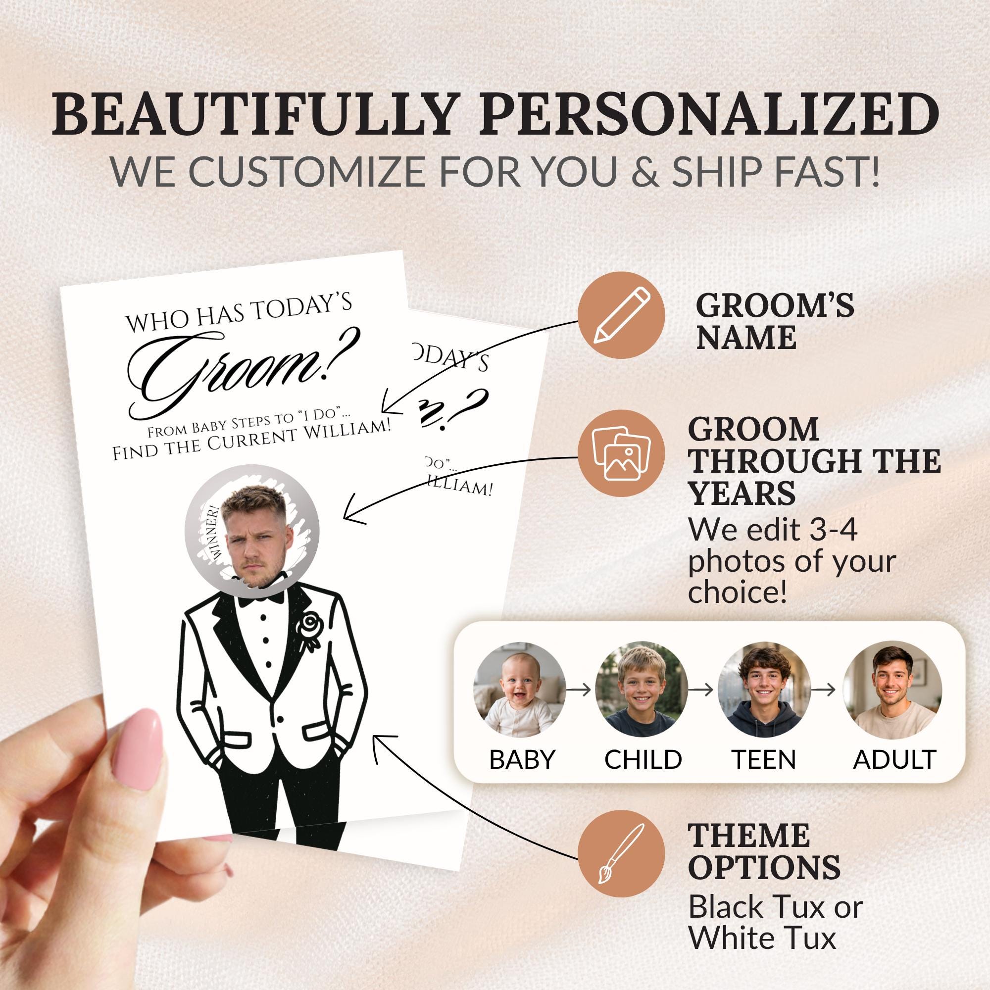The image is a promotional graphic for a personalized wedding invitation. It features a hand holding a card with a cartoon illustration of a man in a tuxedo, along with various options for the groom's name, theme, and photos.