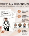 The image is a promotional graphic for a personalized wedding invitation. It features a hand holding a card with a cartoon illustration of a man in a tuxedo, along with various options for the groom's name, theme, and photos.