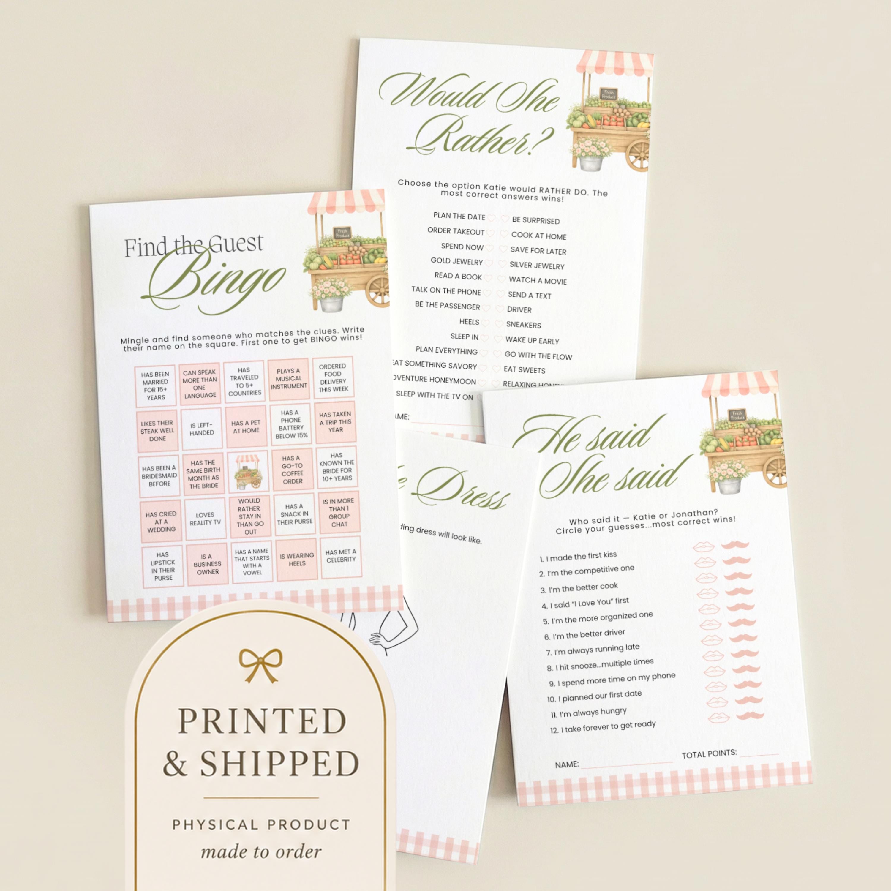 Custom Printed Fresh Off The Market Bridal Shower Game Bundle, Blush Pink Guess The Dress, Would She Rather, He Said She Said, Guest Bingo