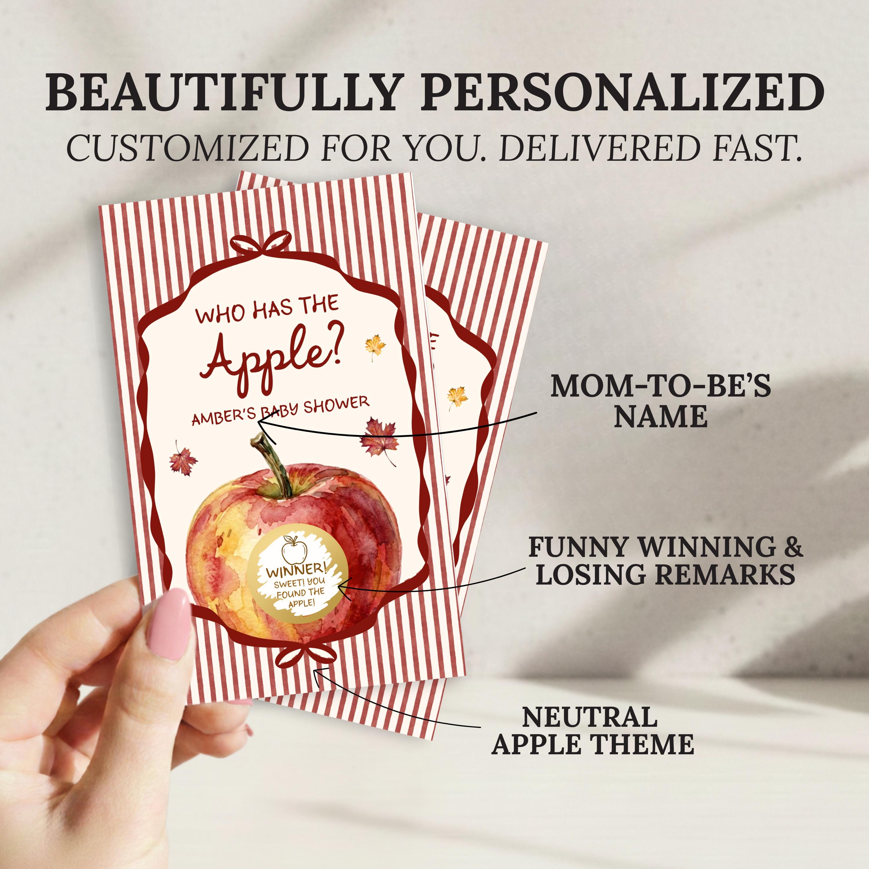 PRINTED + SHIPPED Apple of Our Eye Baby Shower Game, Personalized Apple Themed Baby Shower Scratch Off Game Who Has the Apple? Red Striped
