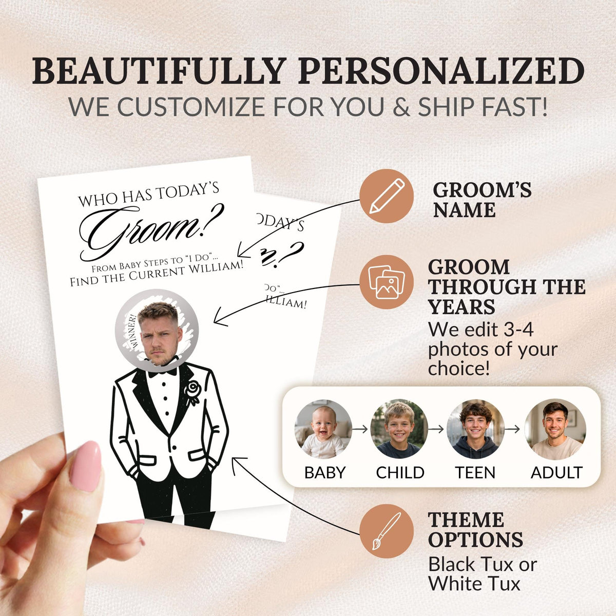 The image is a promotional graphic for a personalized wedding invitation. It features a hand holding a card with a cartoon illustration of a man in a tuxedo, along with various options for the groom's name, theme, and photos.