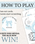 The image is a step-by-step guide on how to play a game called "Pass out cards" during a baby shower. It includes instructions on passing out cards, guests starting to scratch, and revealing a blue bow to win.