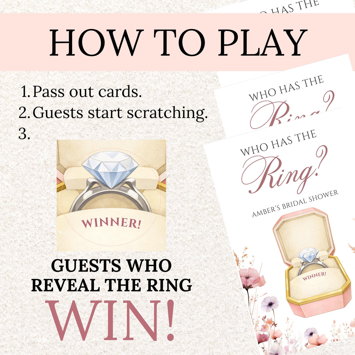 PRINTED + SHIPPED Pink Floral Bridal Shower Game, Pastel Watercolor Flower Bridal Shower Scratch Off Game, Love In Bloom Who Has The Ring - CÔTIER BRAND