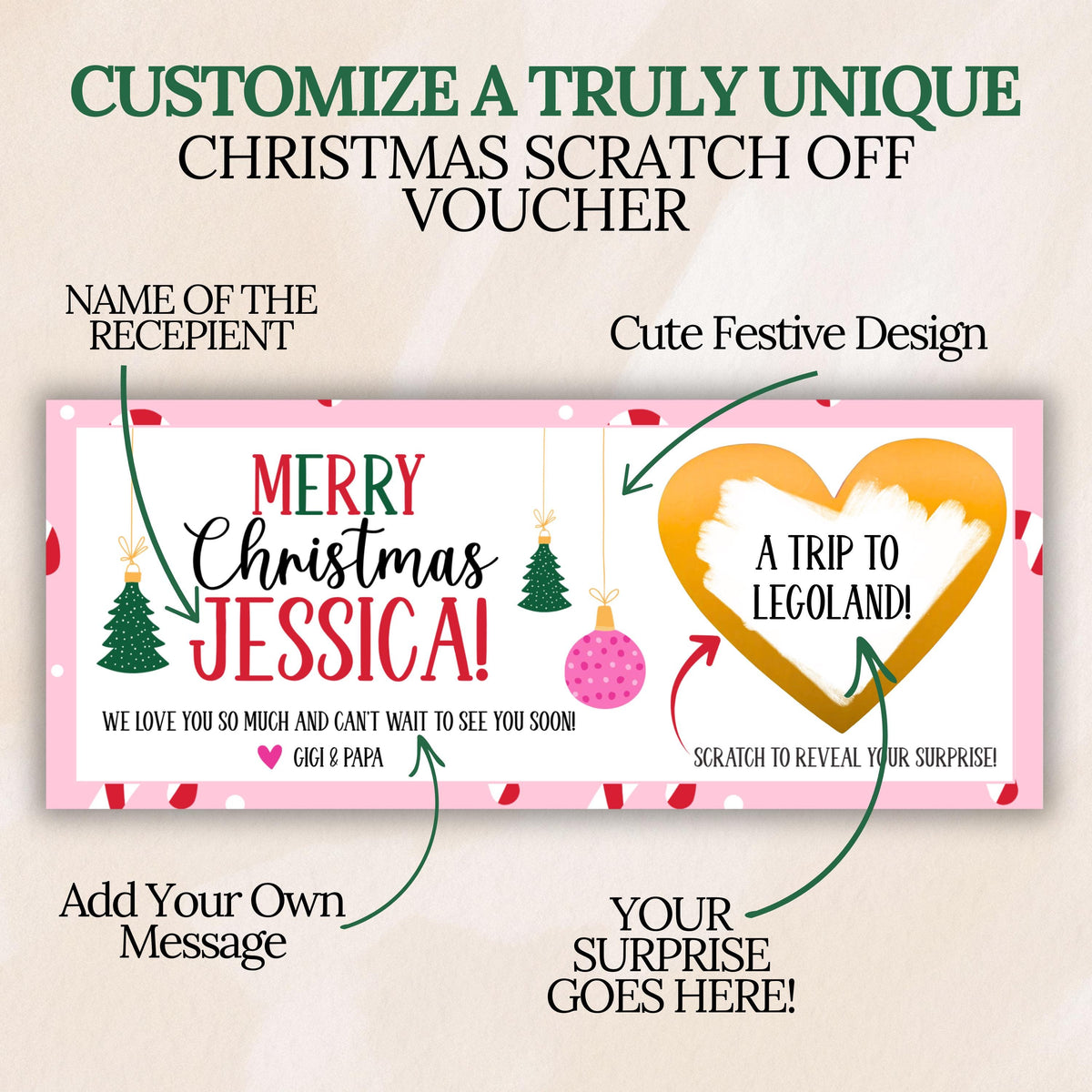 Custom Kids Christmas Voucher Scratch Off Gift Ticket Pink Surprise Reveal Holiday Scratch Coupon - CÔTIER BRAND