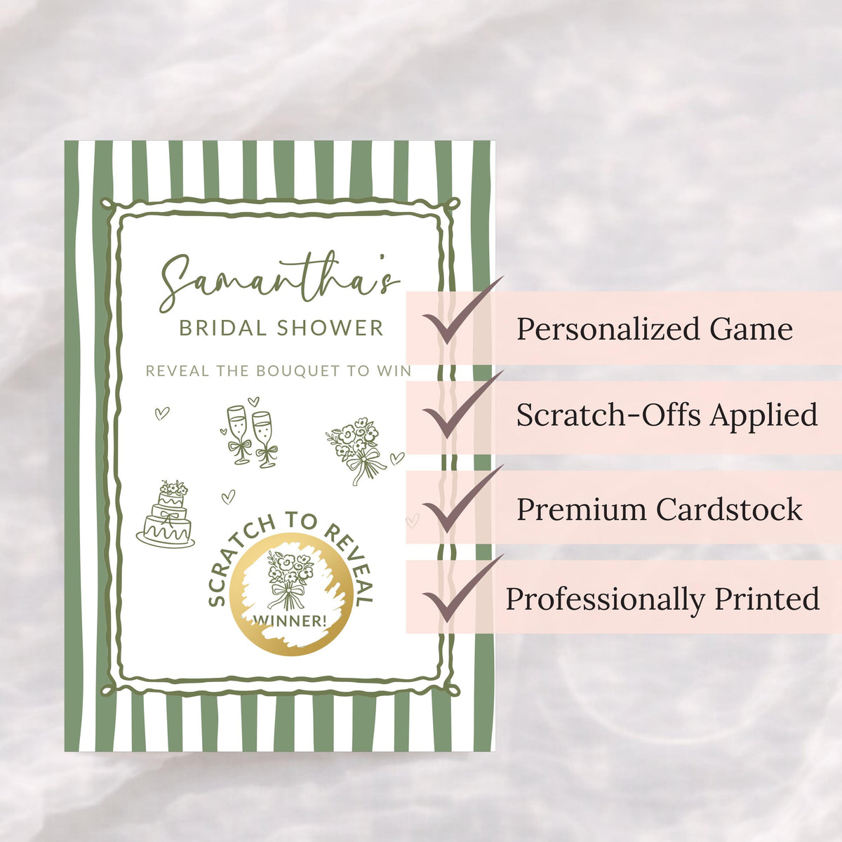 PRINTED + SHIPPED Sage Green Bridal Shower Game, Green Striped Bridal Shower Scratch Off Game Hand Drawn Doodles Wedding Shower Activity - CÔTIER BRAND