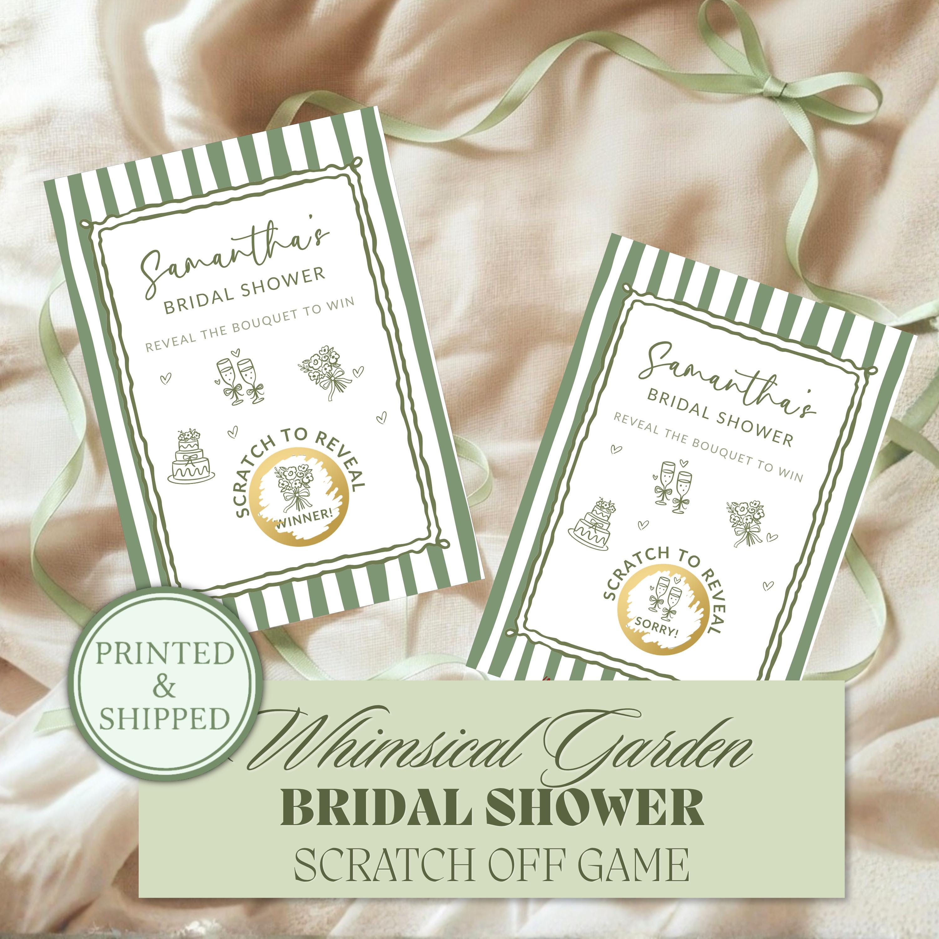 Whimsical Garden Bridal Shower Game, Green Striped Bridal Shower Scratch Off Game Hand Drawn Wedding Shower Activity