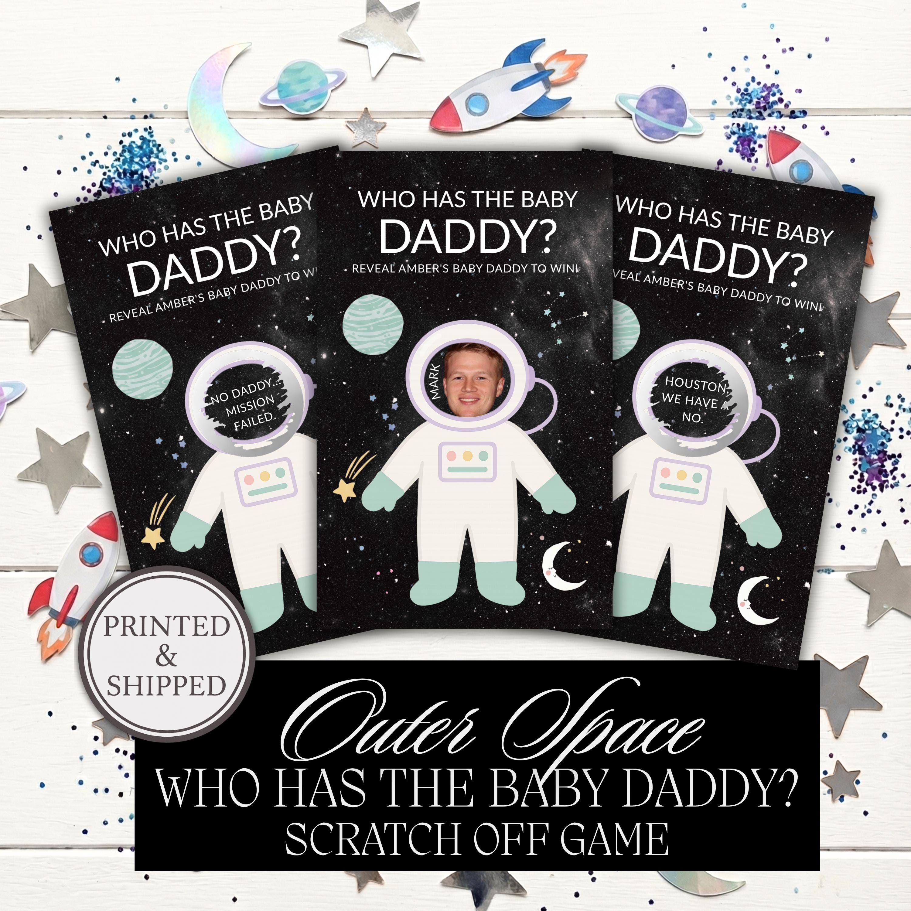 Space Baby Boy Baby Shower Game Outer Space Themed Scratch Off Game Celebrity Who Has The Baby Daddy Printed Houston We Have A Boy