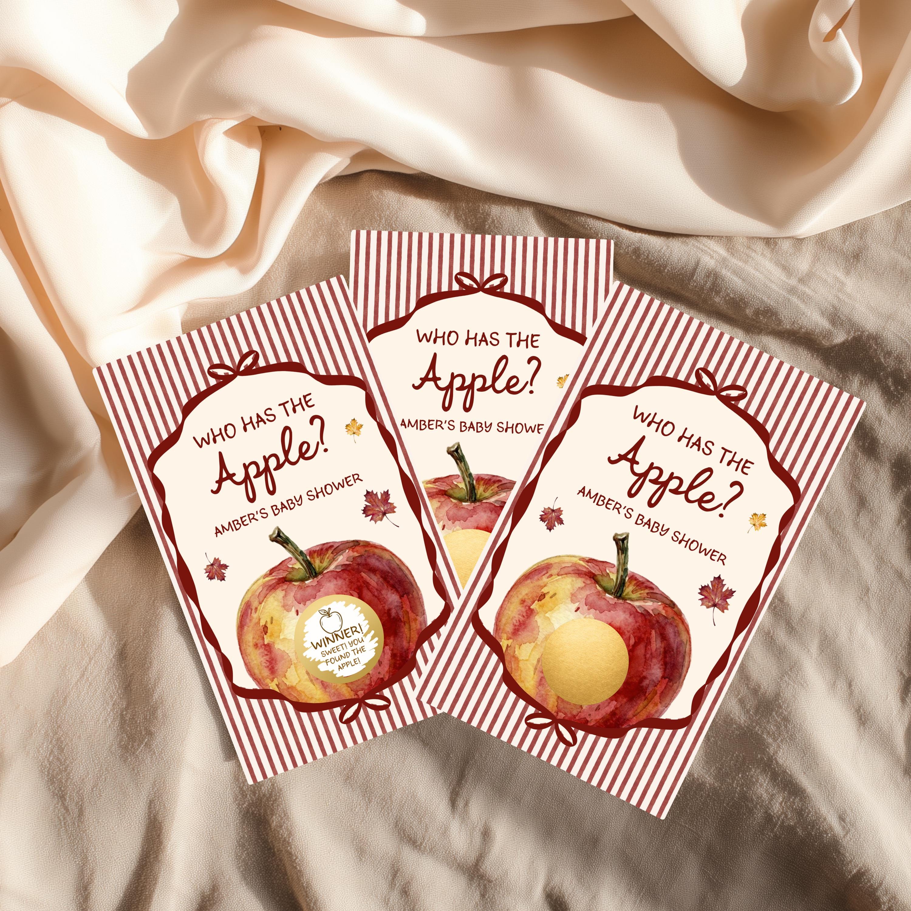 PRINTED + SHIPPED Apple of Our Eye Baby Shower Game, Personalized Apple Themed Baby Shower Scratch Off Game Who Has the Apple? Red Striped