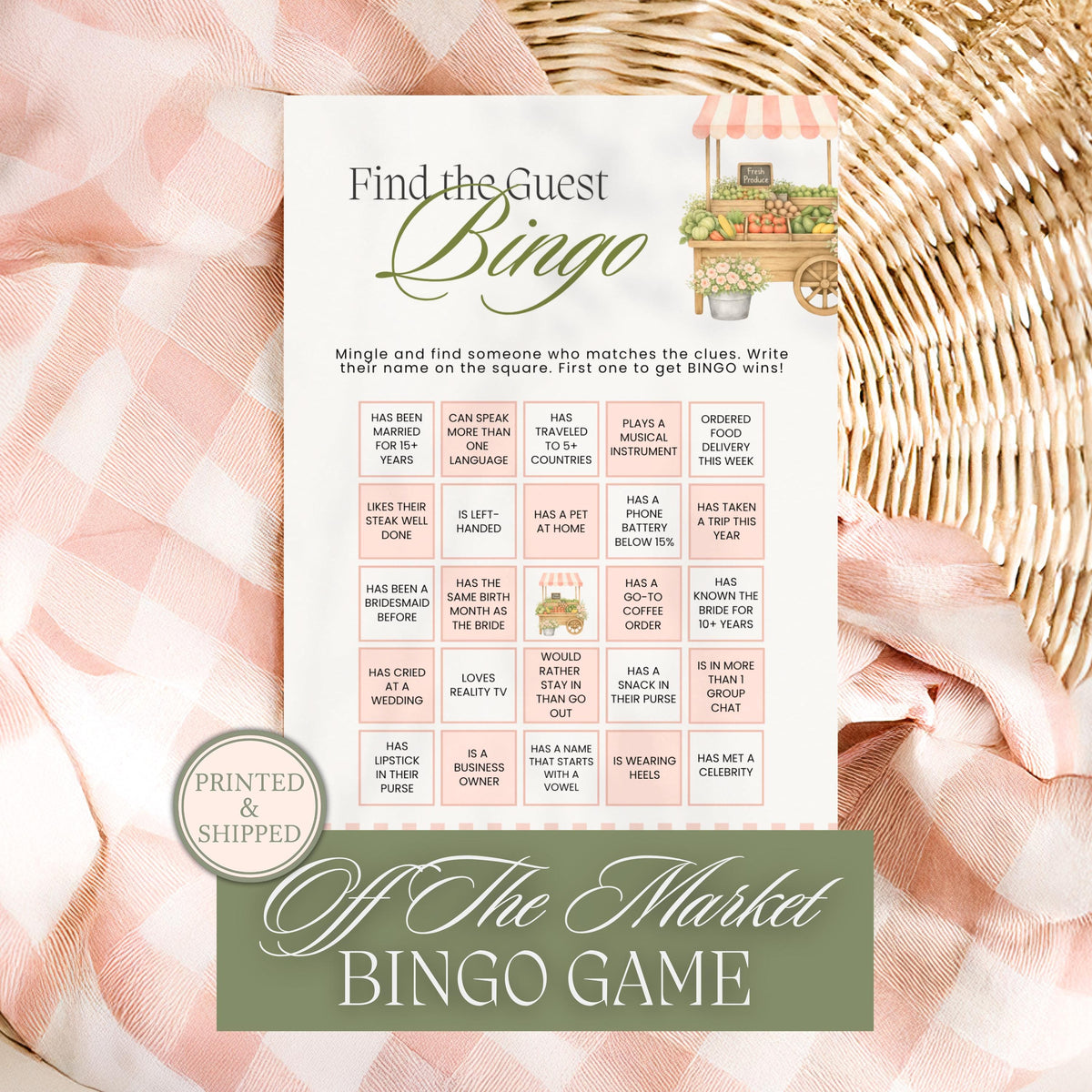PRINTED + SHIPPED Pink Fresh Off The Market Bingo Game, Find The Guest Bingo Party Game, Farmers Market Bridal Shower Bingo, Wedding - CÔTIER BRAND