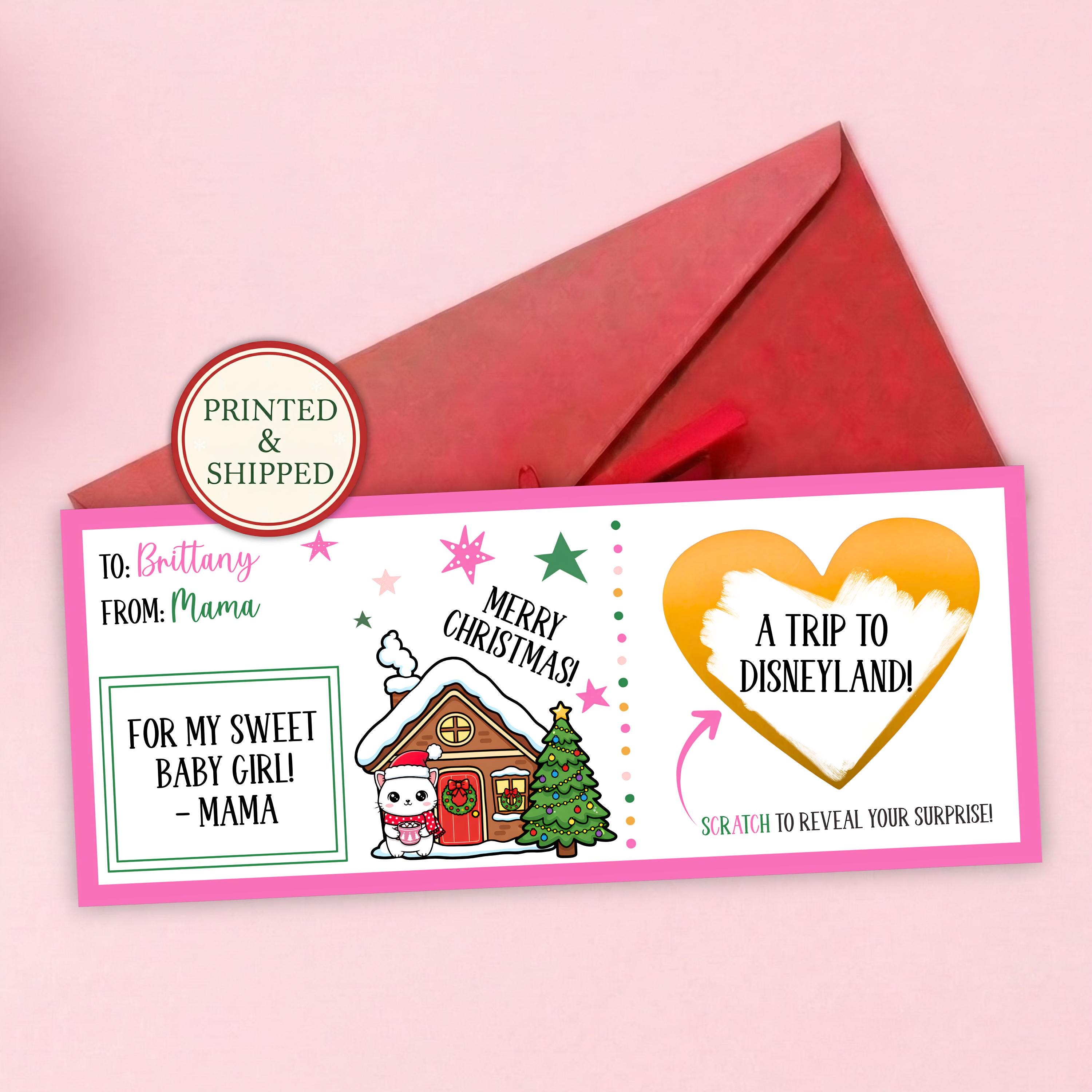 Personalized Pink Christmas Scratch Off Voucher Christmas Trip Reveal Scratch Ticket for Wife Girl Custom Xmas Voucher Ticket With Envelope
