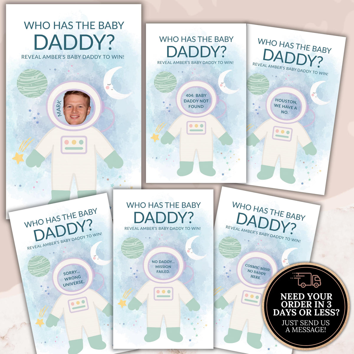 Personalized Outer Space Baby Shower Scratch Off Game Blue Space Themed Who Has The Baby Daddy Printed Houston We Have A Boy Moon Planets - CÔTIER BRAND