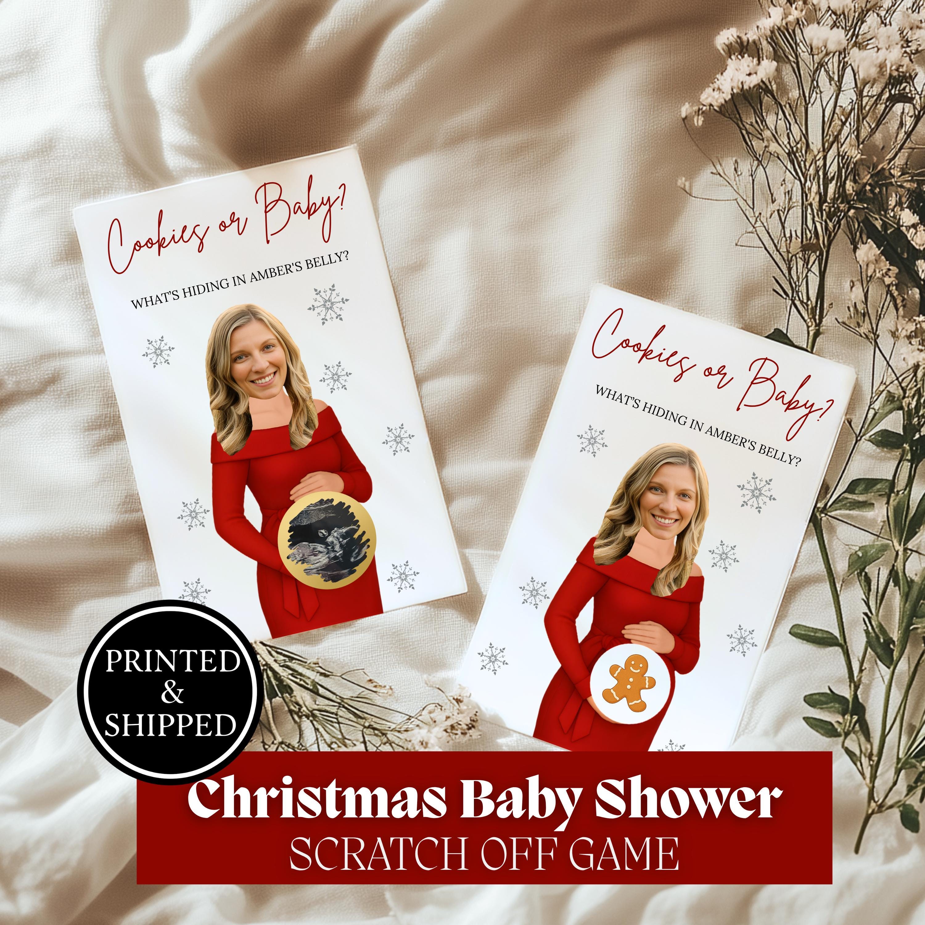 Personalized Christmas Baby Shower Game Holiday Baby Shower Scratch Off Game Merry Little Baby Shower Red Winter Themed Snowflakes Cookies