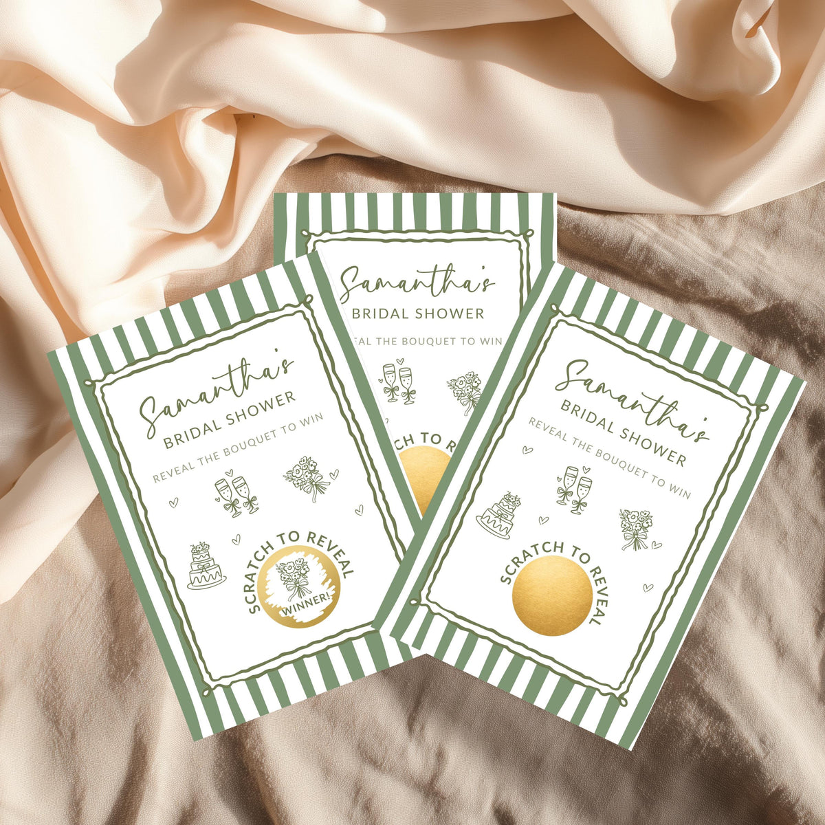 PRINTED + SHIPPED Sage Green Bridal Shower Game, Green Striped Bridal Shower Scratch Off Game Hand Drawn Doodles Wedding Shower Activity - CÔTIER BRAND