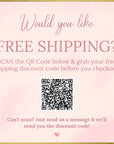 The image is a pink advertisement for free shipping, featuring a QR code and a message encouraging users to scan the code for a free shipping discount.