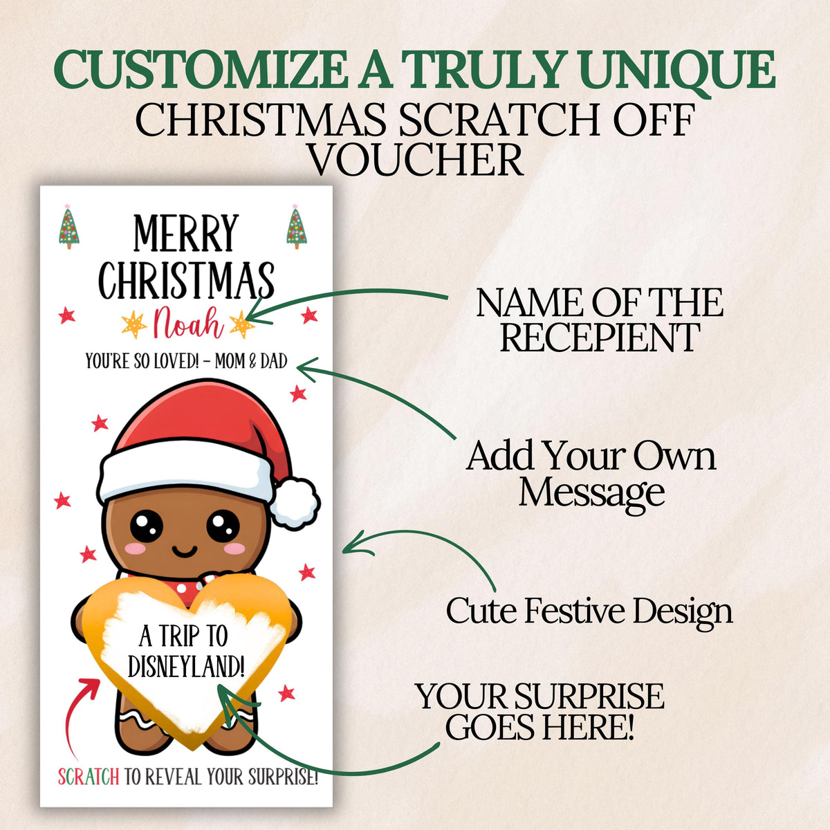 Personalized Merry Christmas Gift Voucher For Kids Christmas Scratch Off Surprise Reveal Holiday Theme Surprise Trip Reveal with Envelope - CÔTIER BRAND