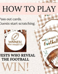 The image is a promotional graphic for a baby shower game. It features a football and instructions for the game, along with a winner's announcement.
