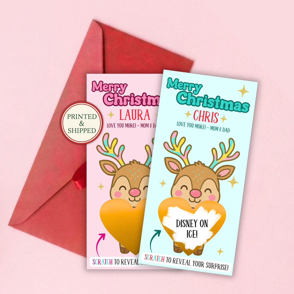 Personalized Merry Christmas Scratch Off Coupons Pink Retro Christmas Trip Reveal Voucher Scratch Off Holiday Scratchers Xmas Reindeer - CÔTIER BRAND