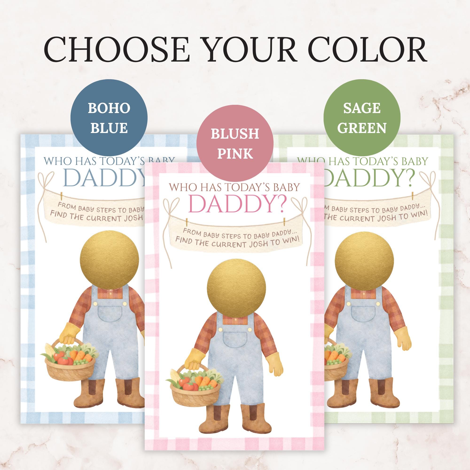 Custom Locally Grown Boy Baby Shower Game, Blue Gingham Farmer's Market Theme Who Has Today's Baby Daddy? Scratcher Activity