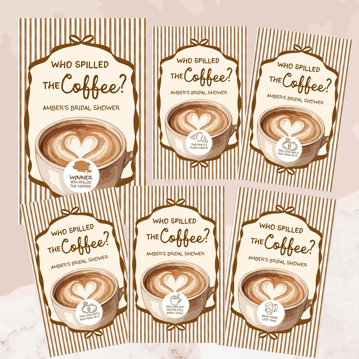 a collection of six identical coffee-themed book covers or invitations, each featuring a heart-shaped coffee cup with a heart design and the text "Who spilled the coffee?"