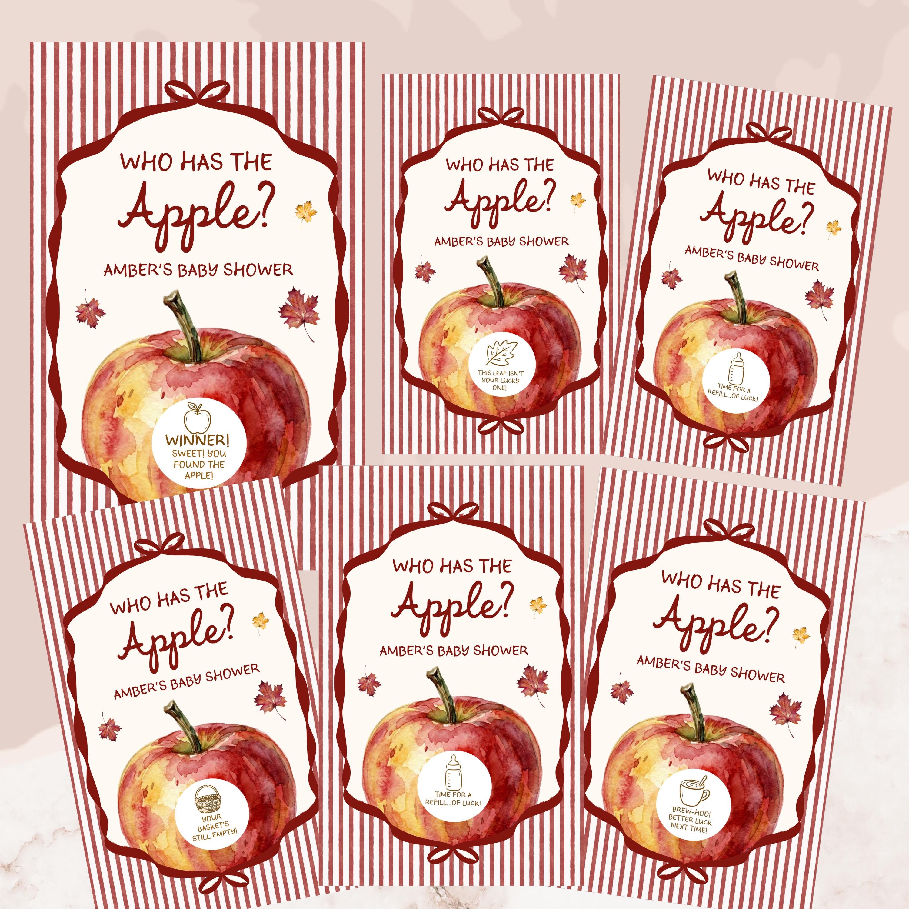 PRINTED + SHIPPED Apple of Our Eye Baby Shower Game, Personalized Apple Themed Baby Shower Scratch Off Game Who Has the Apple? Red Striped