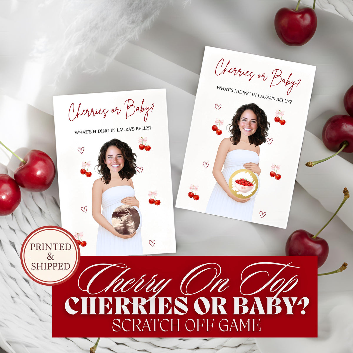 Personalized She's The Cherry On Top Baby Shower Game Coquette Cherry Bow Themed Baby Shower Scratch Off Game Cherries or Baby? Red - CÔTIER BRAND
