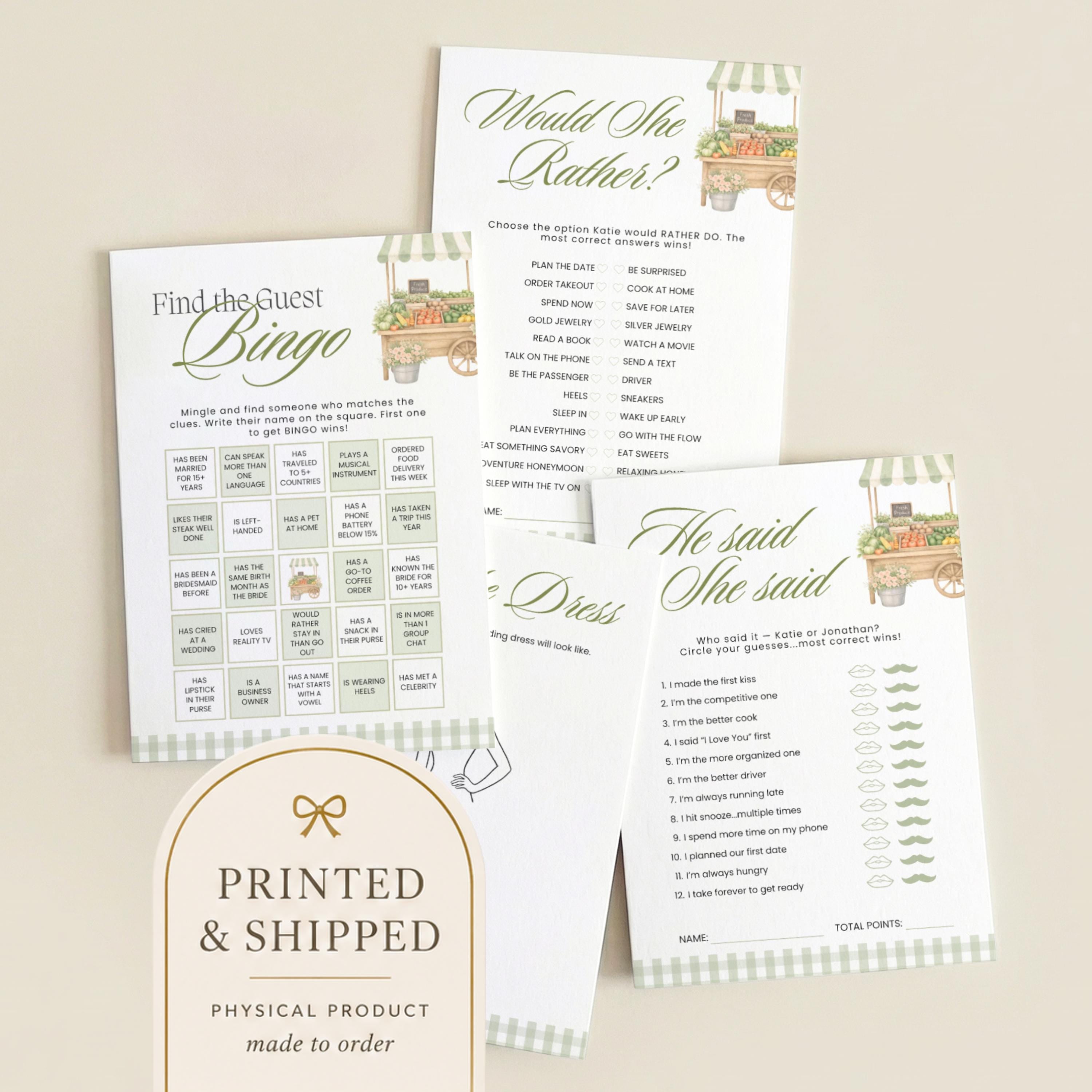 Personalized Shes Fresh Off The Market Game Bundle, Sage Green Guess The Dress, Would She Rather, He Said She Said, Find The Guest Bingo