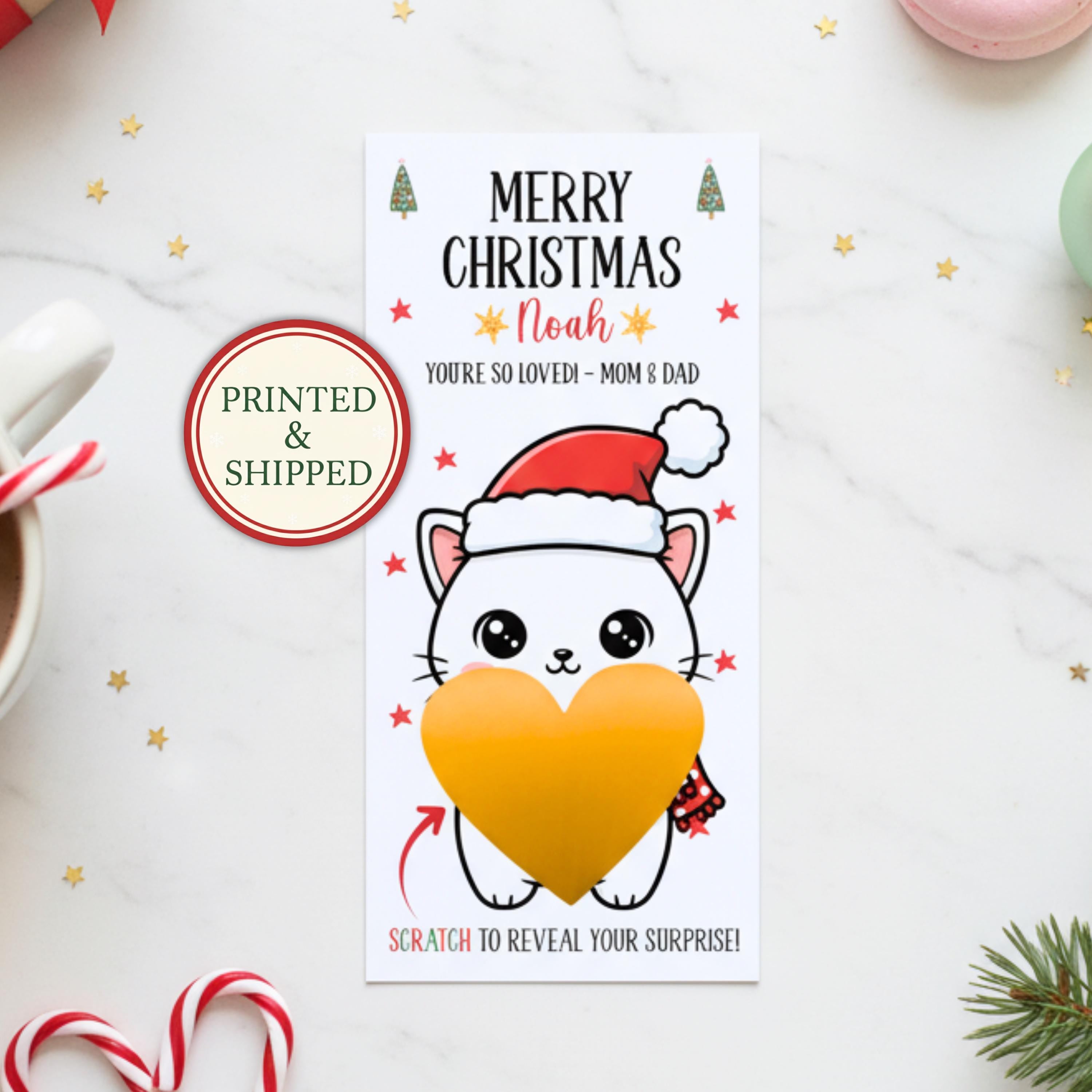 Personalized Merry Christmas Gift Voucher For Kids Christmas Scratch Off Surprise Reveal Holiday Theme Cat Christmas Surprise Trip
