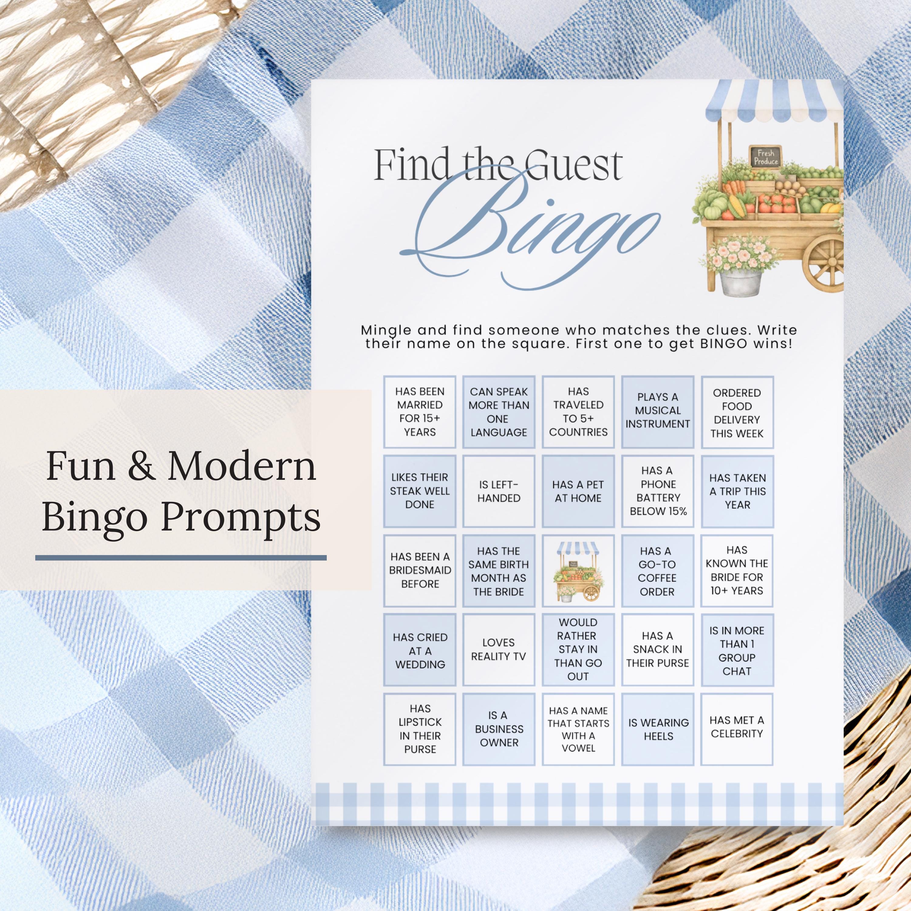 PRINTED + SHIPPED Blue Fresh Off The Market Bingo Game, Find The Guest Bingo Party Game, Boho Farmers Market Bridal Shower Bingo, Wedding
