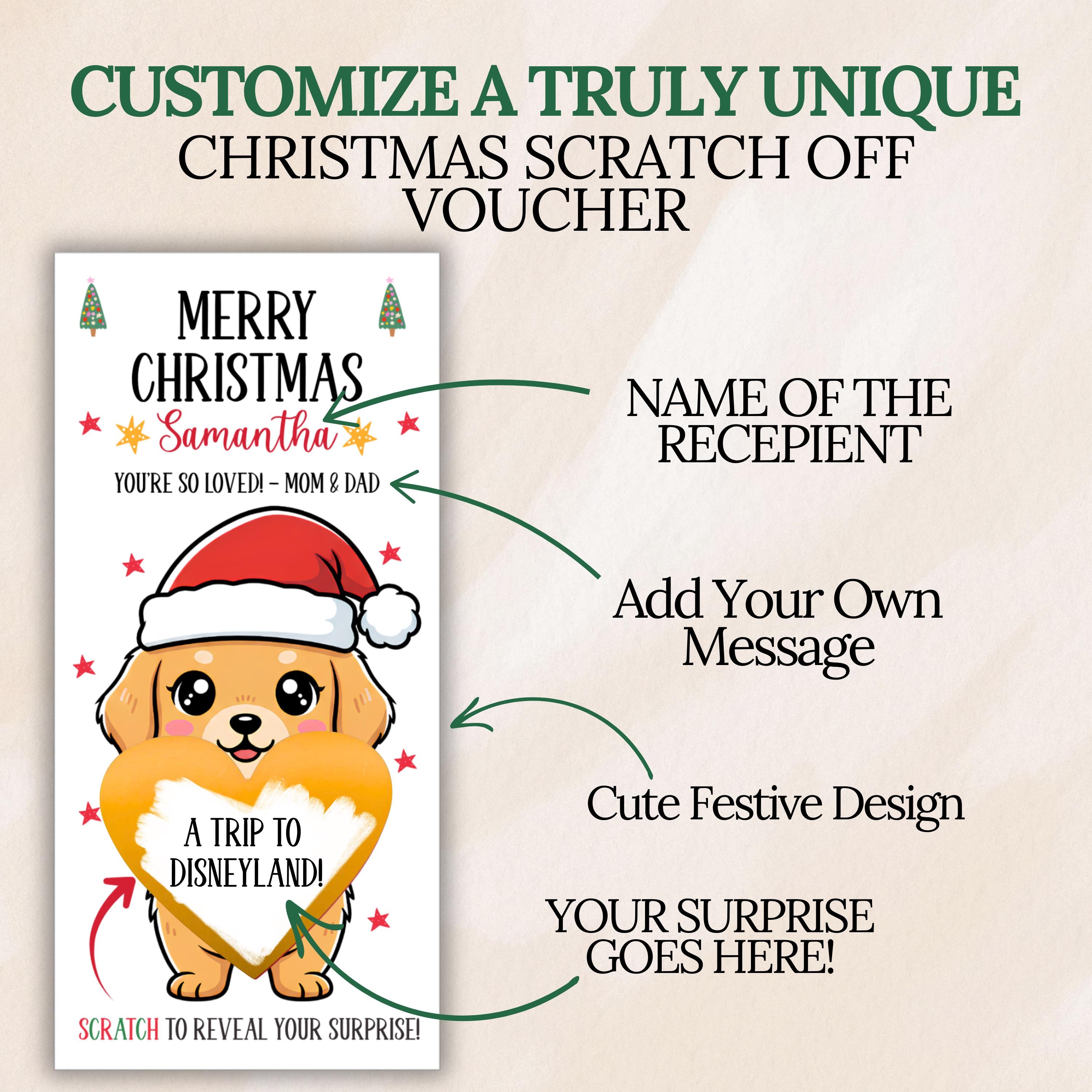 Personalized Scratch Off Christmas Voucher For Surprise Trip Reveal Holiday Scratchers For Kids Holiday Scratch Off Ticket with Envelope