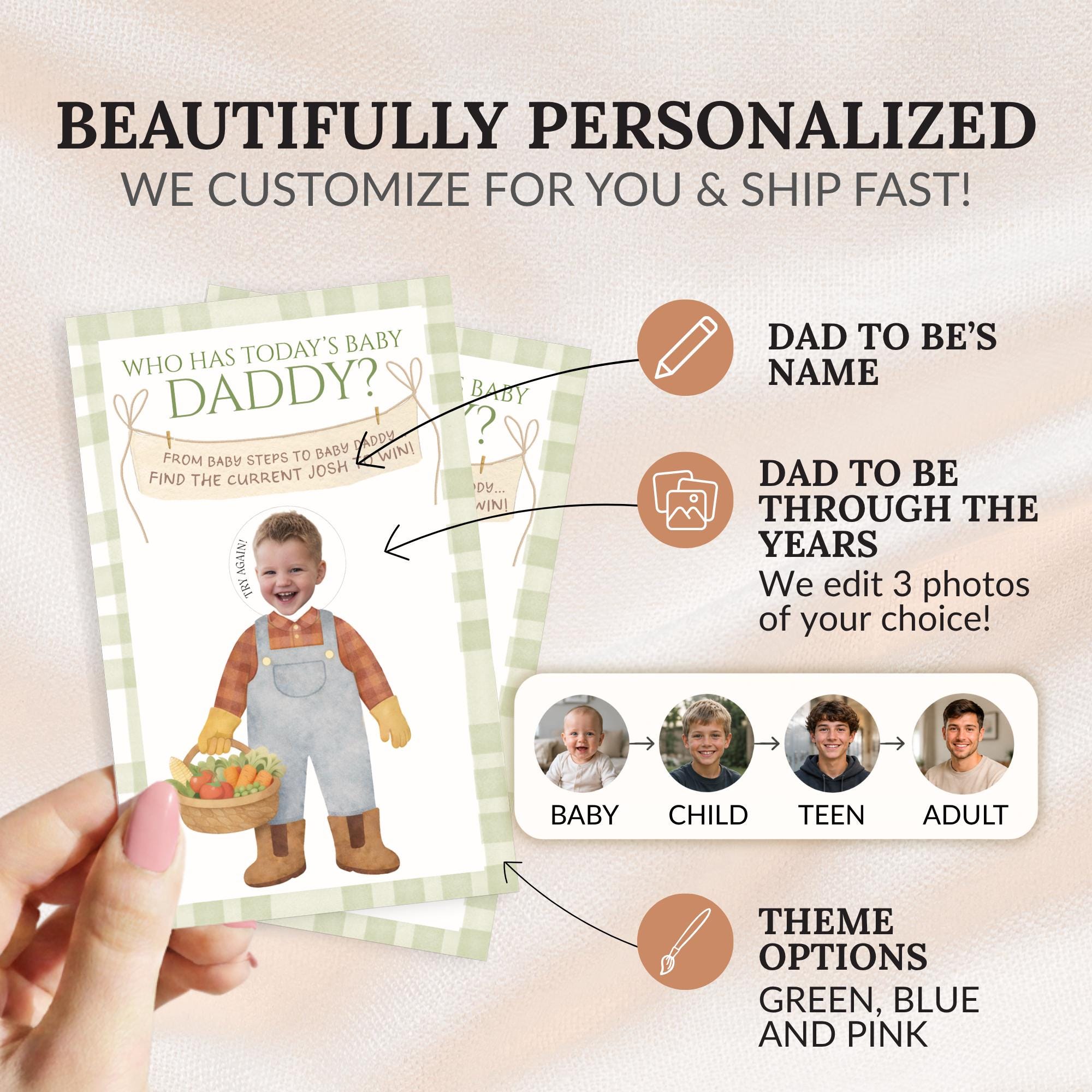 Custom Locally Grown Boy Baby Shower Game, Blue Gingham Farmer's Market Theme Who Has Today's Baby Daddy? Scratcher Activity